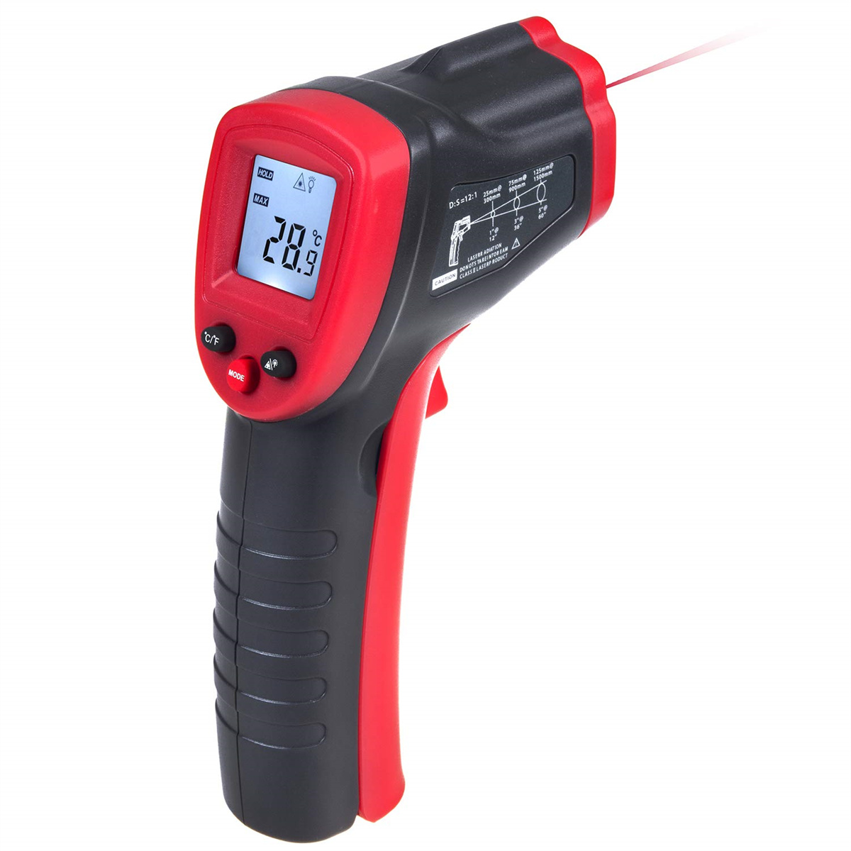 Rotes und schwarzes Infrarot-Thermometer mit Digitalanzeige. Die Temperatur beträgt 28,9 Grad.