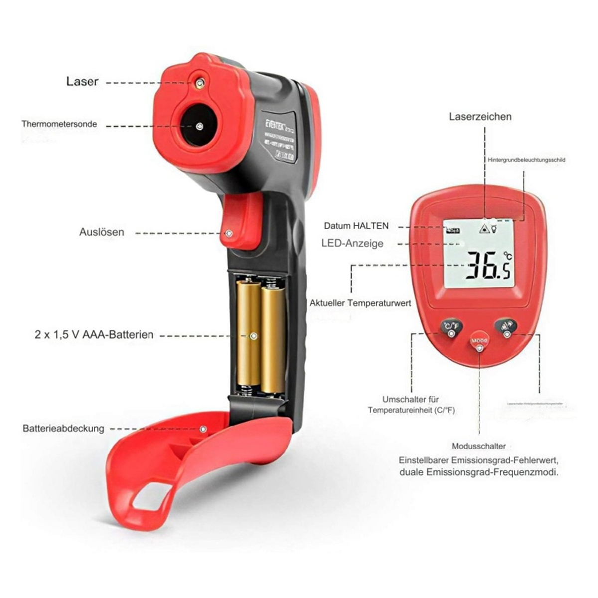 Schwarzes und rotes Infrarot-Thermometer mit Display, das die Temperatur anzeigt. Beschriftete Komponenten und geöffneter Batterieschacht.
