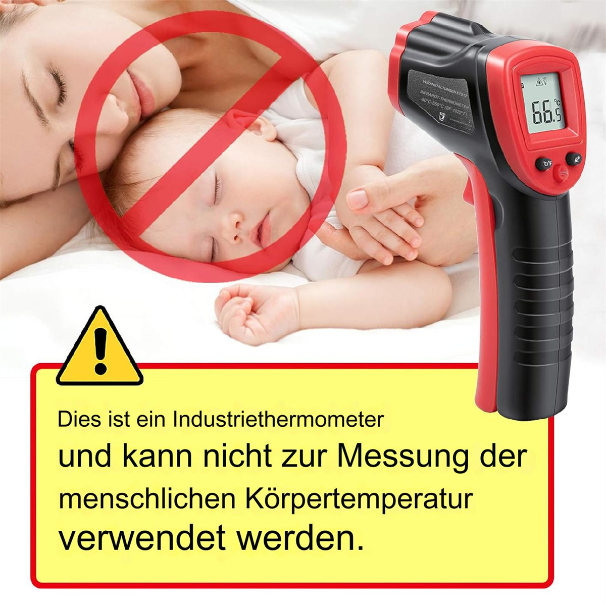Ein rot-schwarzes Infrarot-Thermometer mit einem Warnschild über einer schlafenden Mutter und Baby.