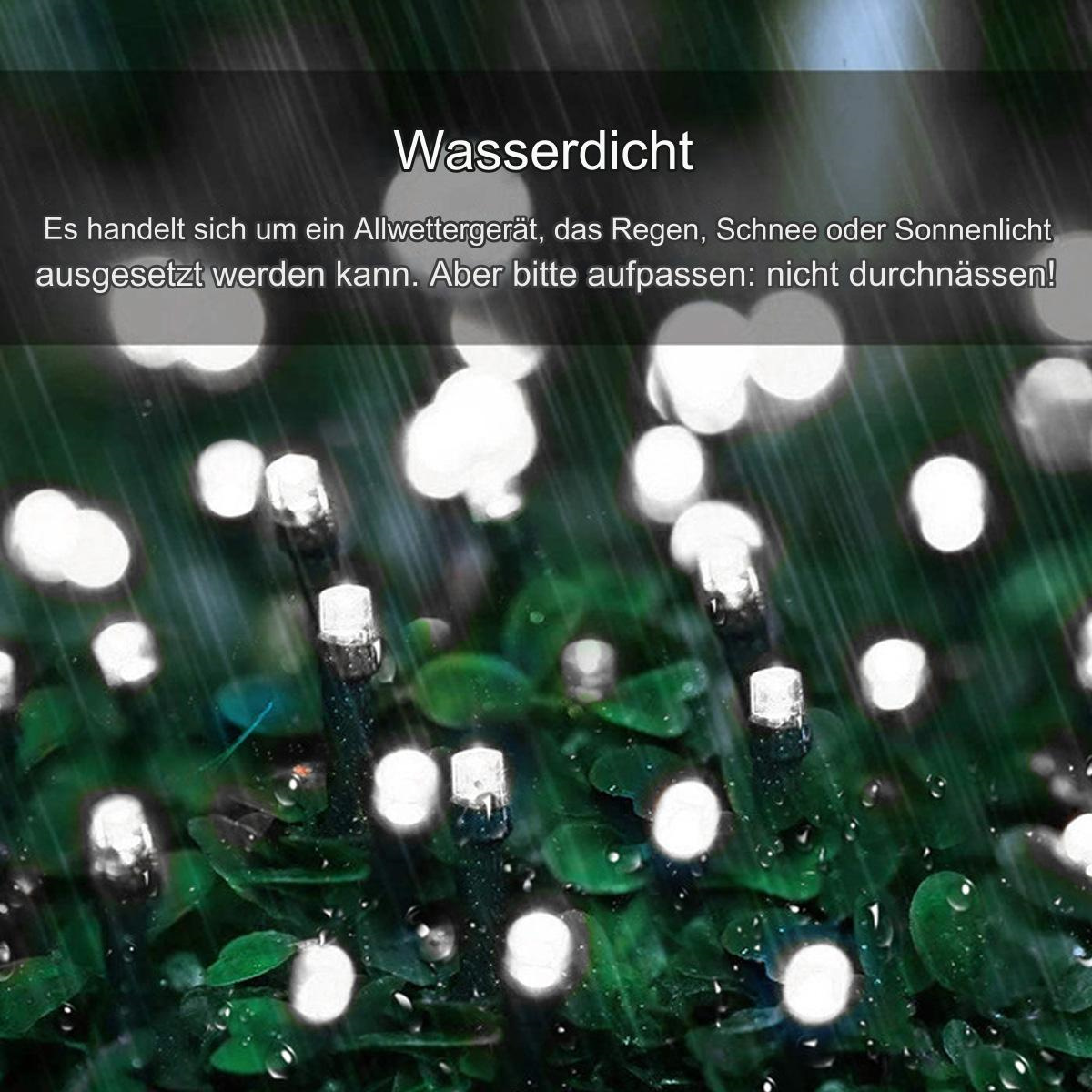 Nahaufnahme von Lichtern im Regen. Text weist darauf hin, dass das Produkt wasserdicht ist.