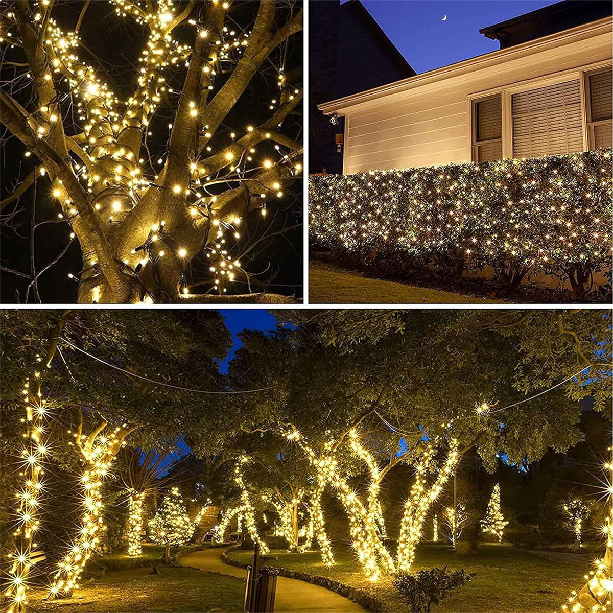 Mehrere Szenen von Weihnachtsbeleuchtung im Freien, die Bäume und Büsche nachts dekorieren.