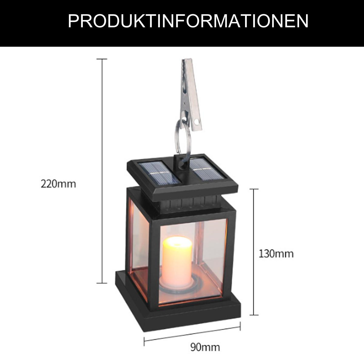 Schwarze quadratische Solar-Laterne mit klarem Glas und kerzenartigem Licht im Inneren, mit Maßangaben.