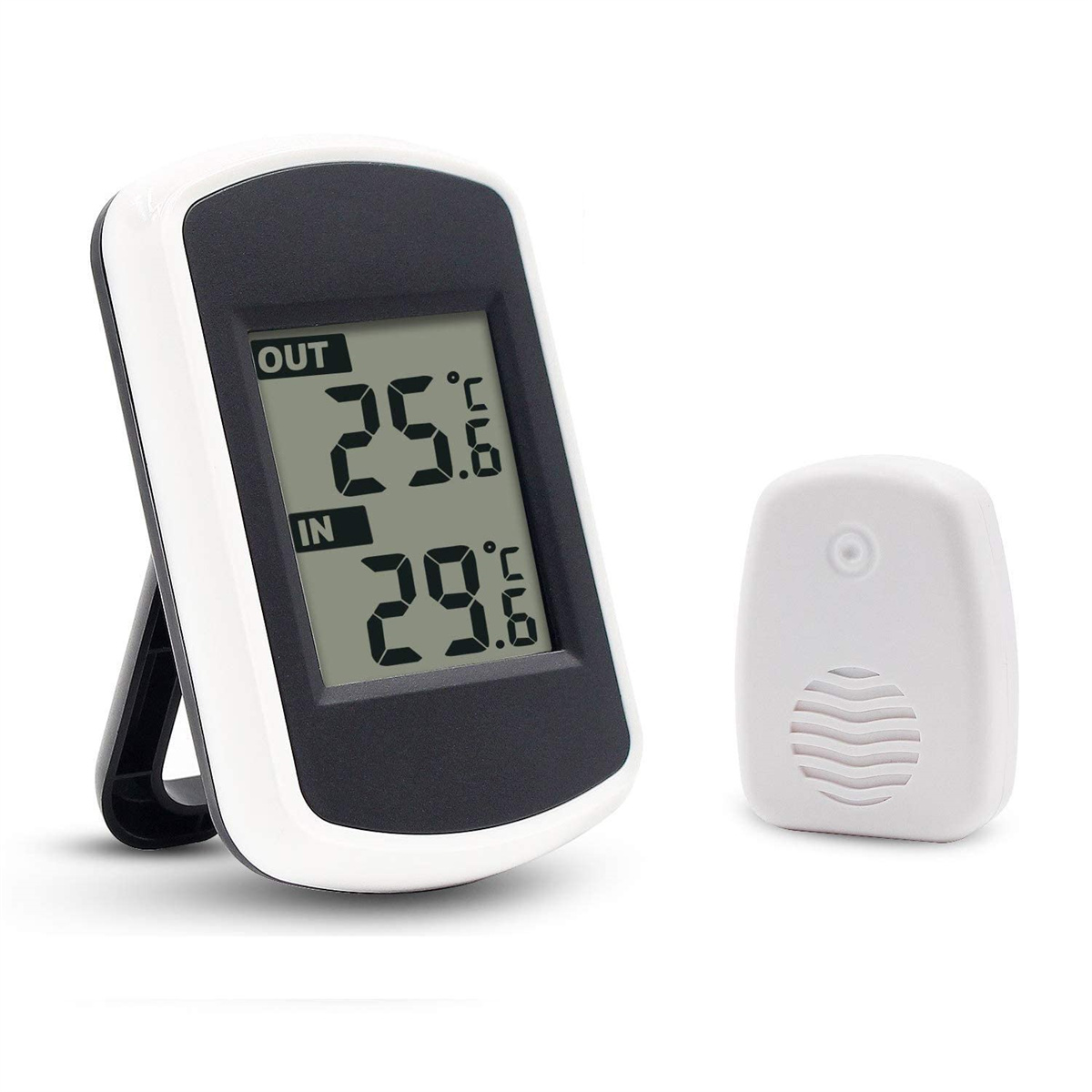 Ein weißes und schwarzes digitales Thermometer. Zeigt Temperatur an, mit separatem Sensor.