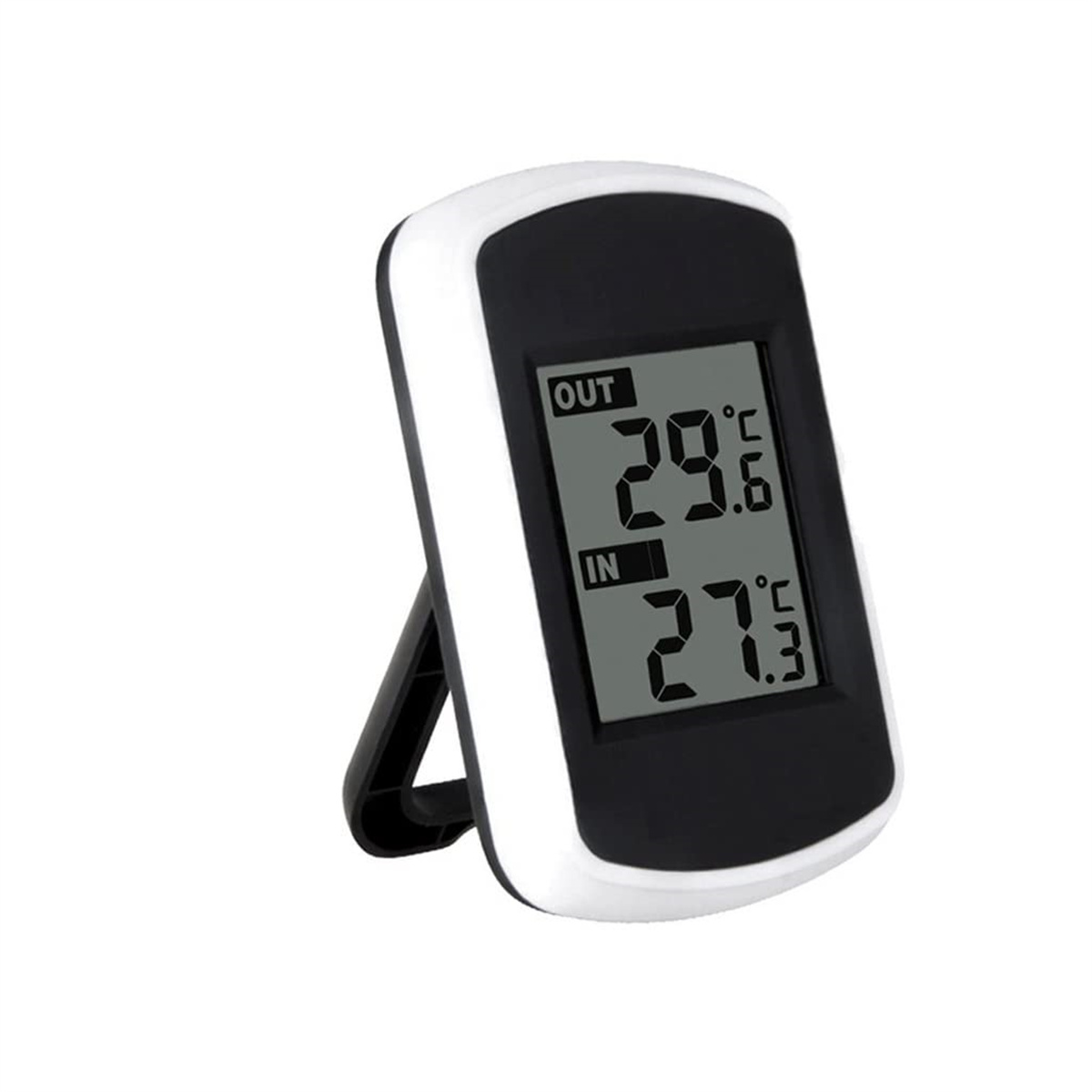Digitales Thermometer zeigt 29,6 Grad Celsius draußen und 27,3 Grad Celsius drinnen.