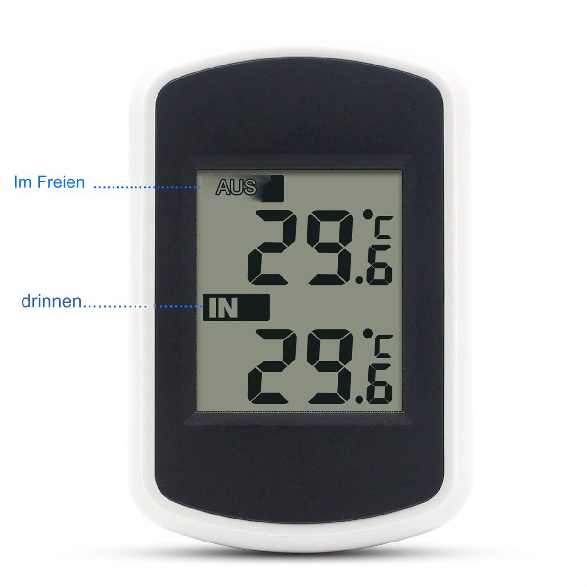 Digitales Thermometer mit zwei Temperaturanzeigen, beschriftet mit 'IN' und 'AUS'.