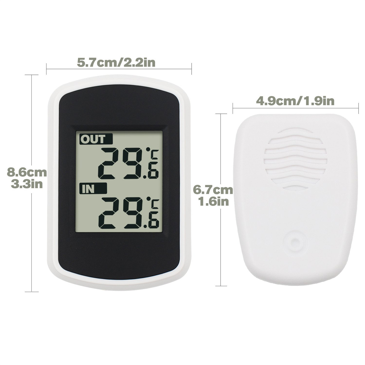 Digitales Thermometer mit Messungen in cm/Zoll. Zeigt 'OUT' und 'IN' Temperaturen, beide um 29 Grad.