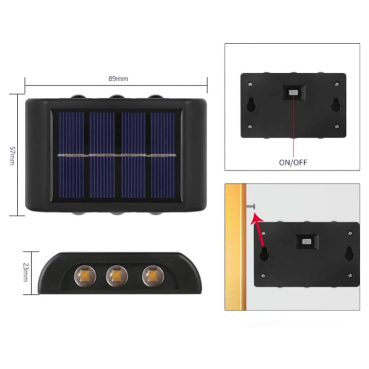 Solarpanel mit Abmessungen. Ein-/Aus-Taste und Montageanleitung auf der Rückseite. Drei LED-Leuchten vorne.
