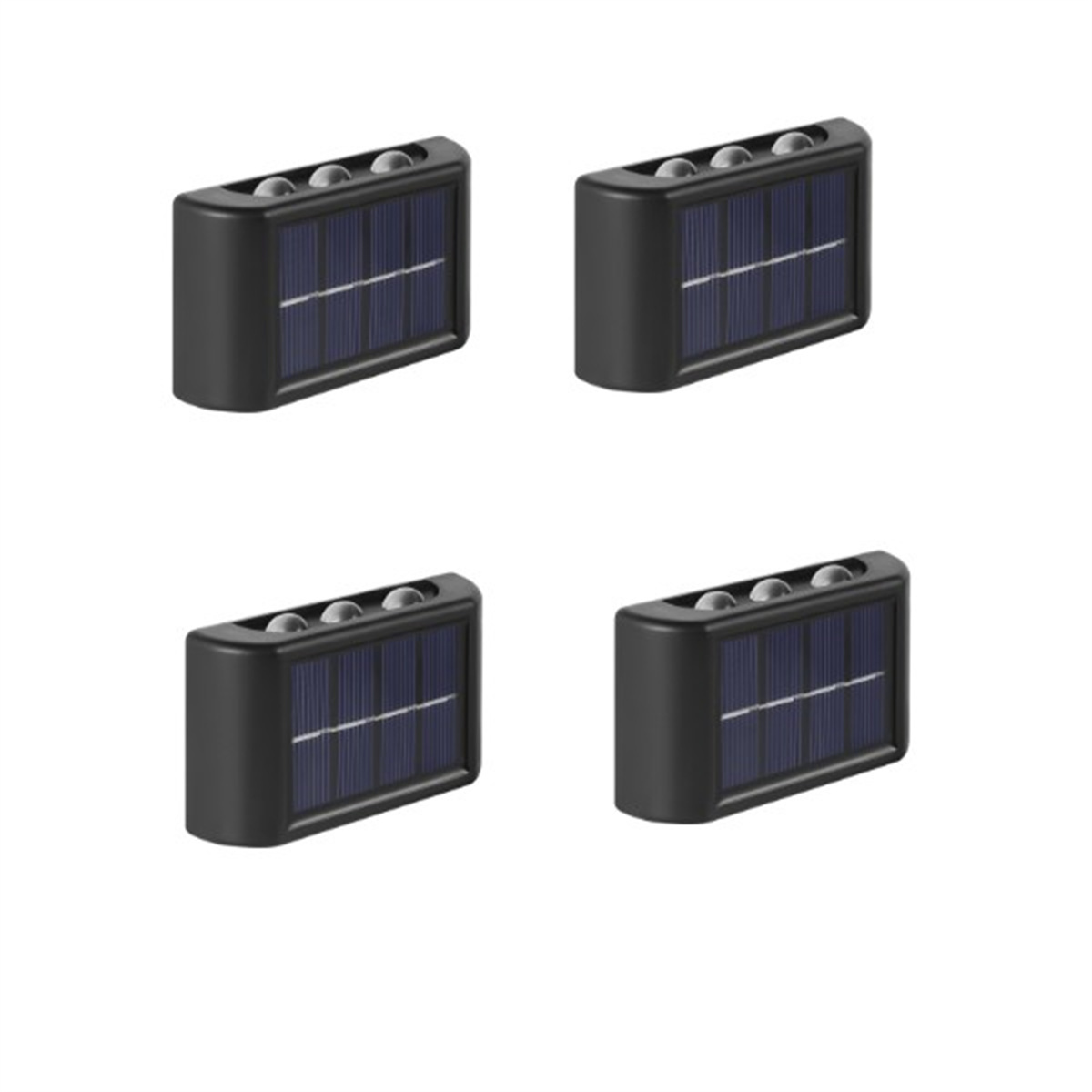 Vier schwarze Solarleuchten in einem Raster angeordnet.