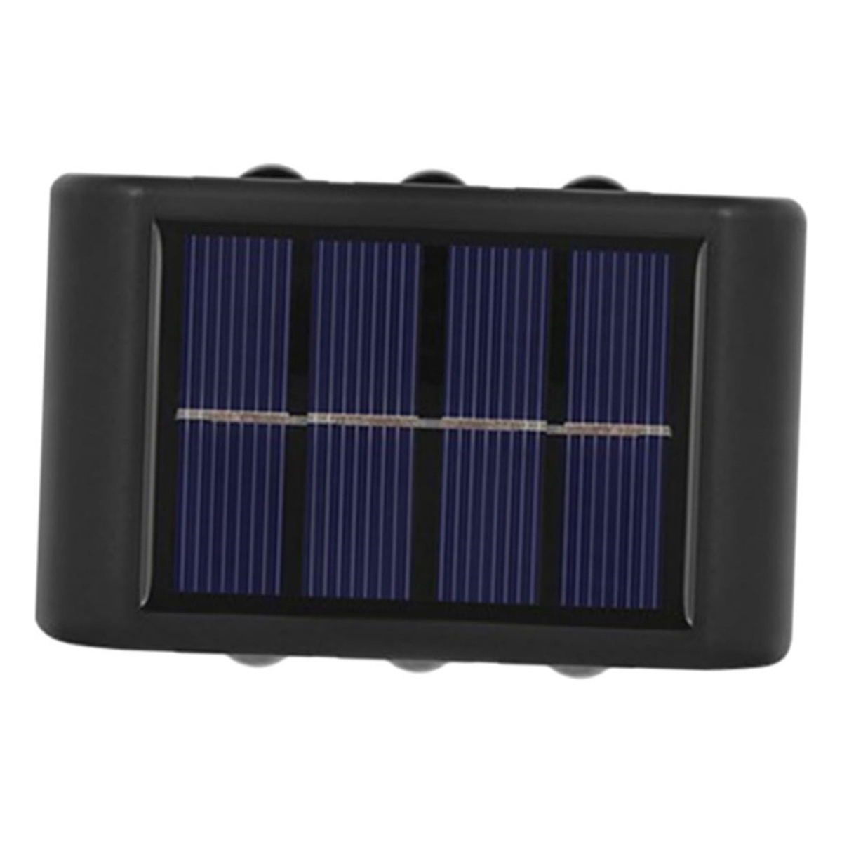 Ein schwarzes Solarpanel mit blauem Gittermuster. Weißer Hintergrund.