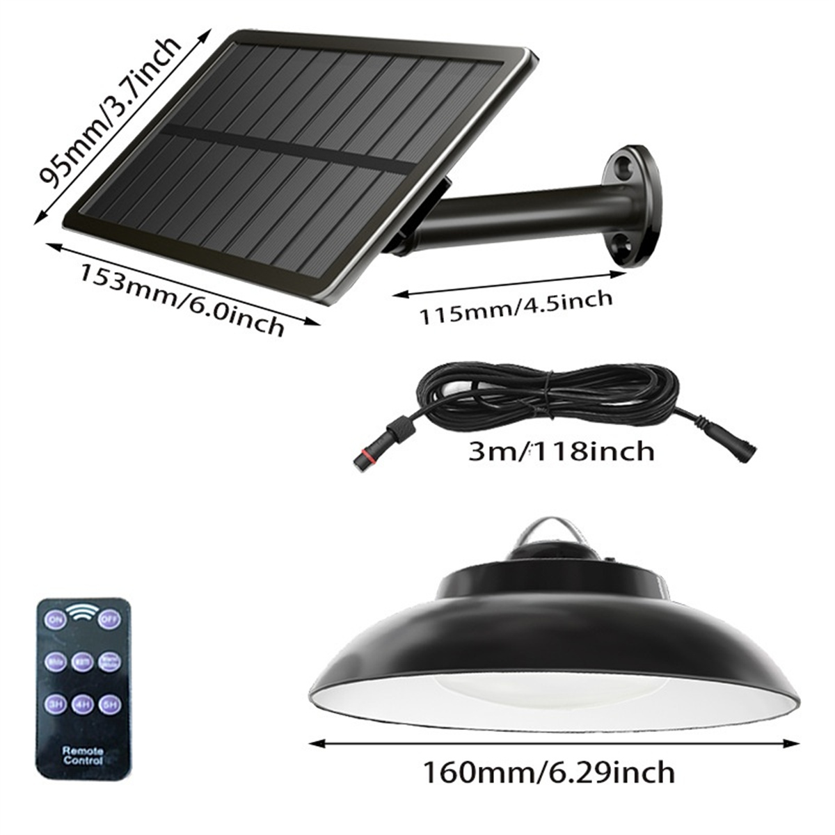 Schwarzes Solarpanel, Lampe, Fernbedienung und Kabel, mit Abmessungen in Zoll und mm.