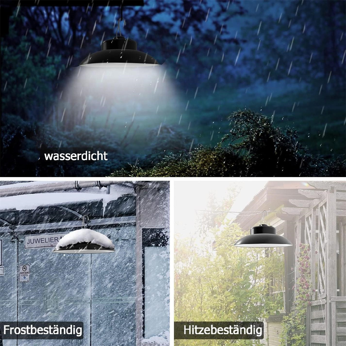 Drei Szenen einer schwarzen Lampe: eine im Regen, eine im Schnee und eine in der Sonne. Textbeschriftungen sind enthalten.