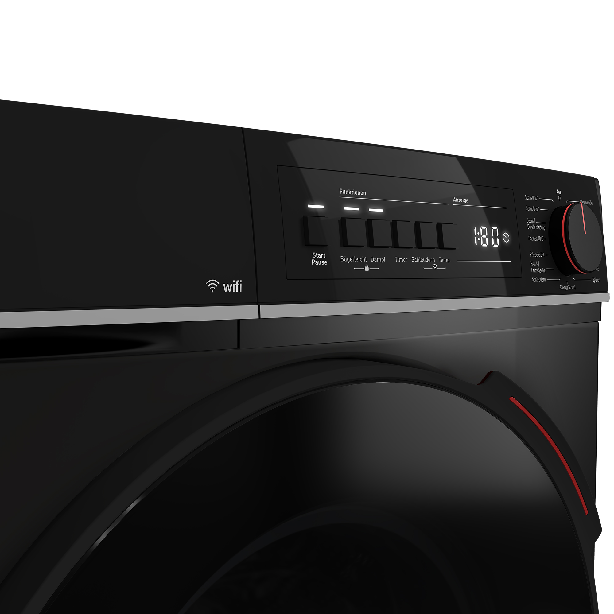 Schwarze Waschmaschine mit Digitalanzeige, Knöpfen und rotem Akzent.