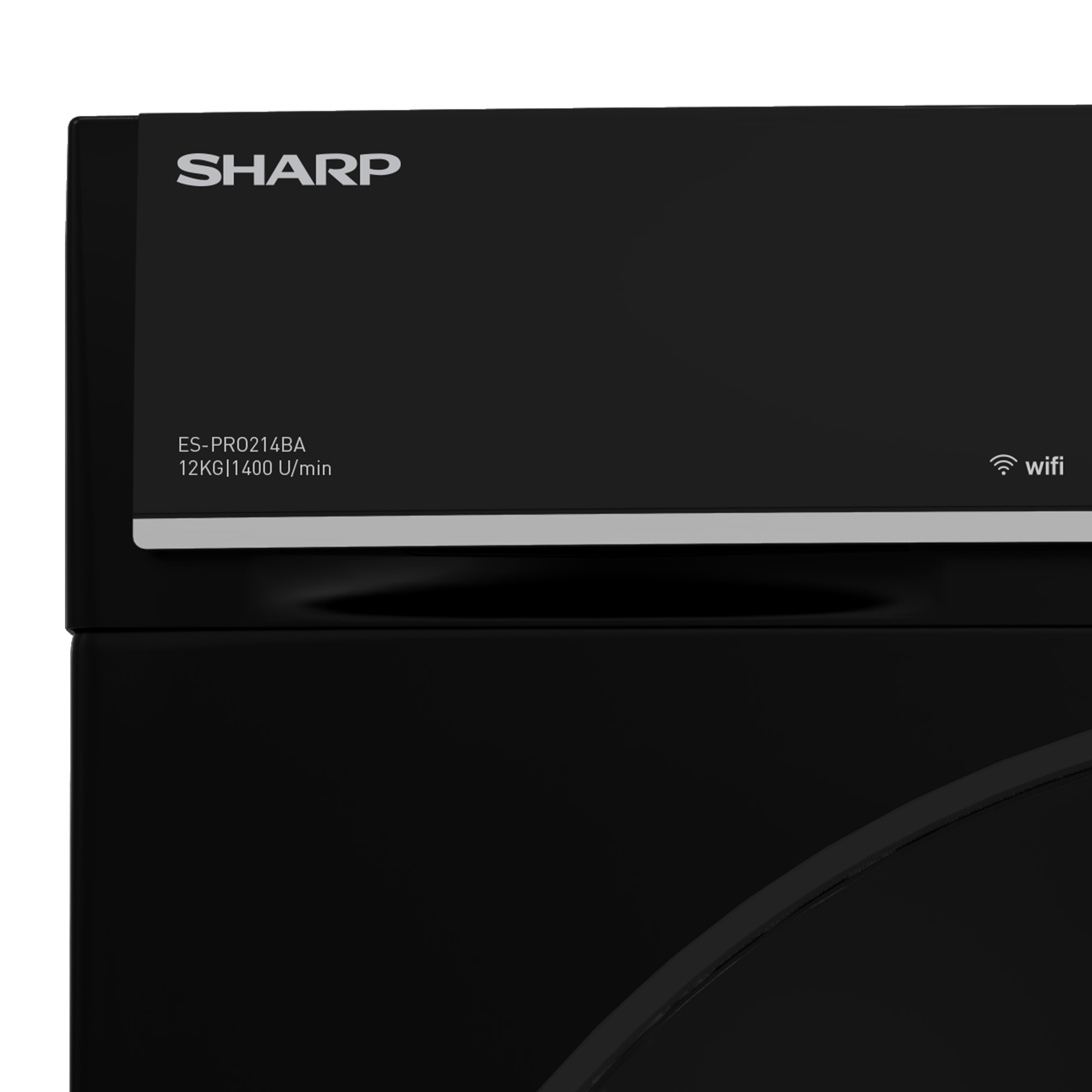 Eine schwarze Waschmaschine, Nahaufnahme der Oberseite. Die Marke ist SHARP, mit Modellinformationen und Wi-Fi-Symbol.
