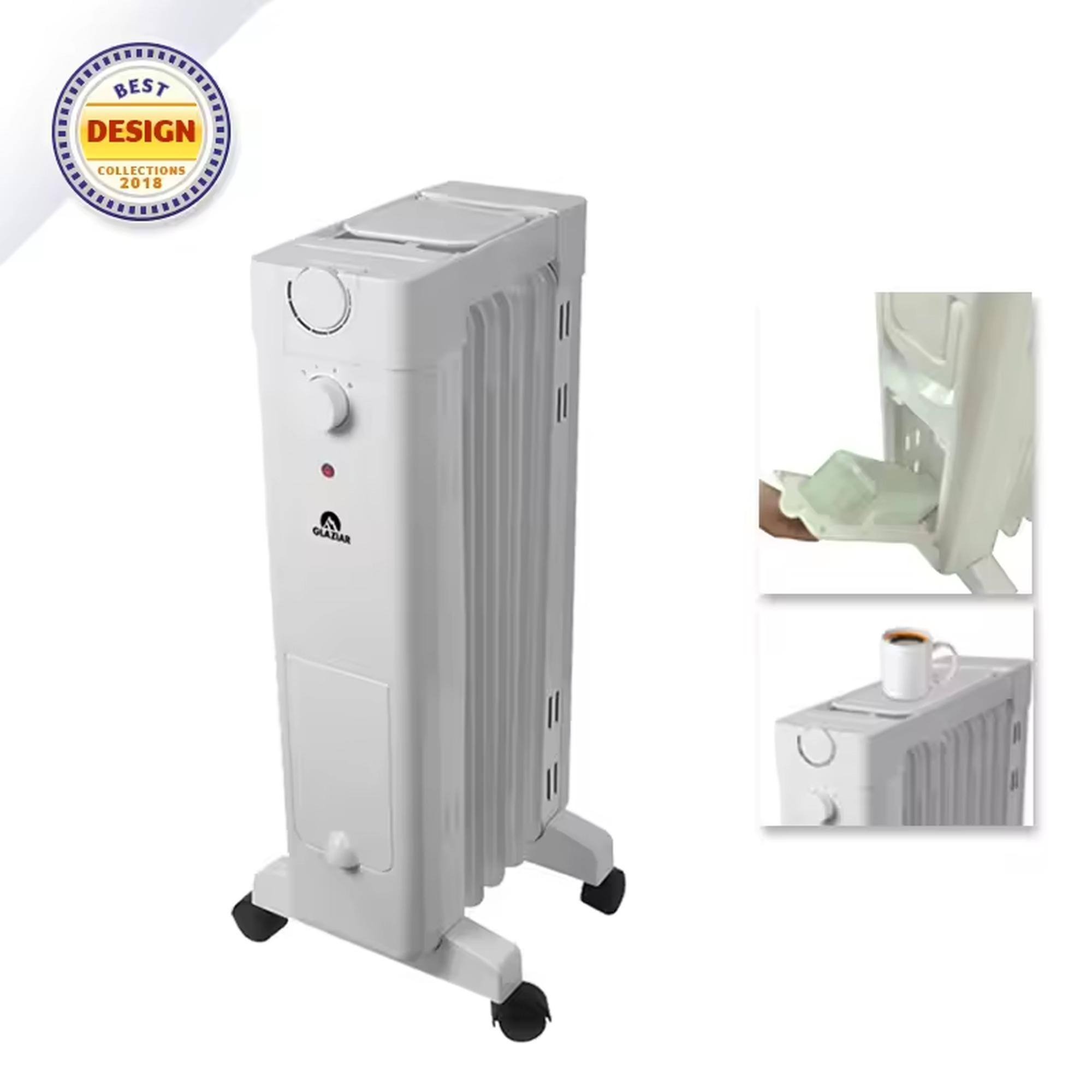 Radiador de aceite blanco con controles y una insignia de Best Design. Incluye primeros planos de características.