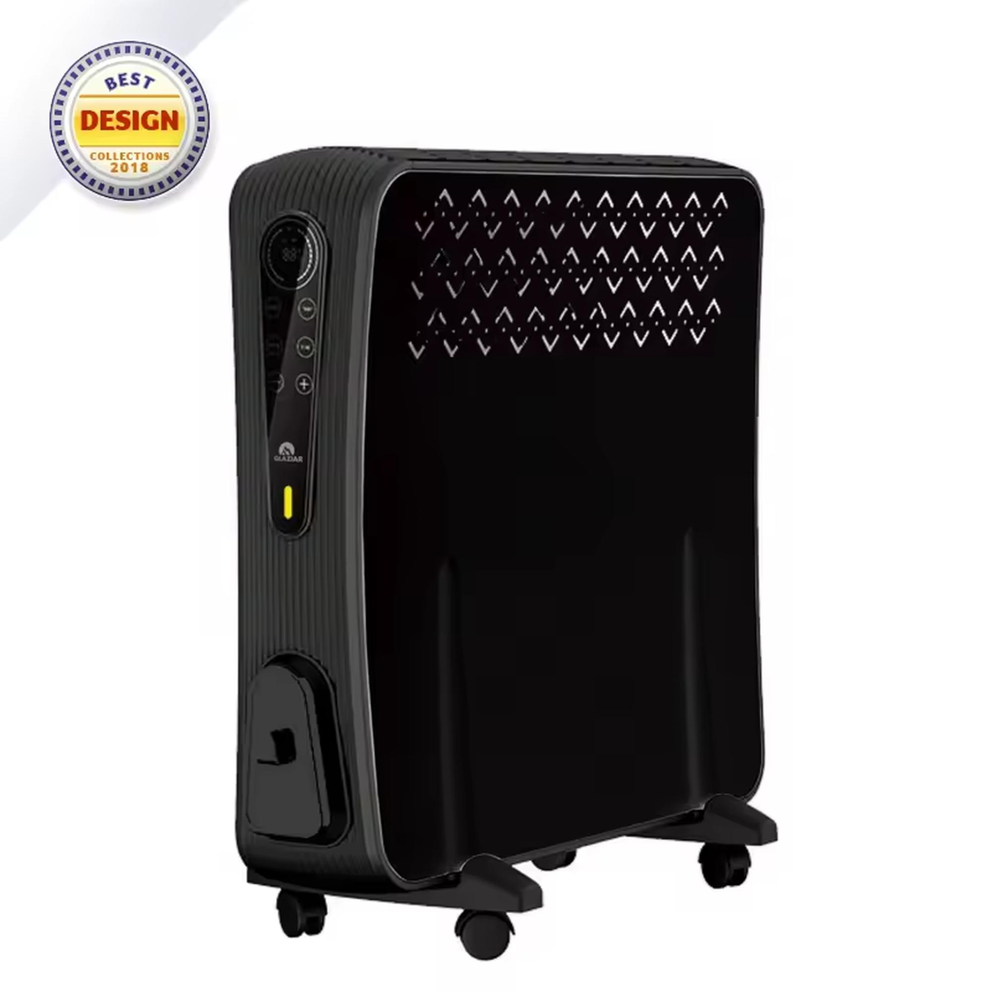 Radiador negro lleno de aceite con pantalla digital. Contiene el logo 'Best Design'.