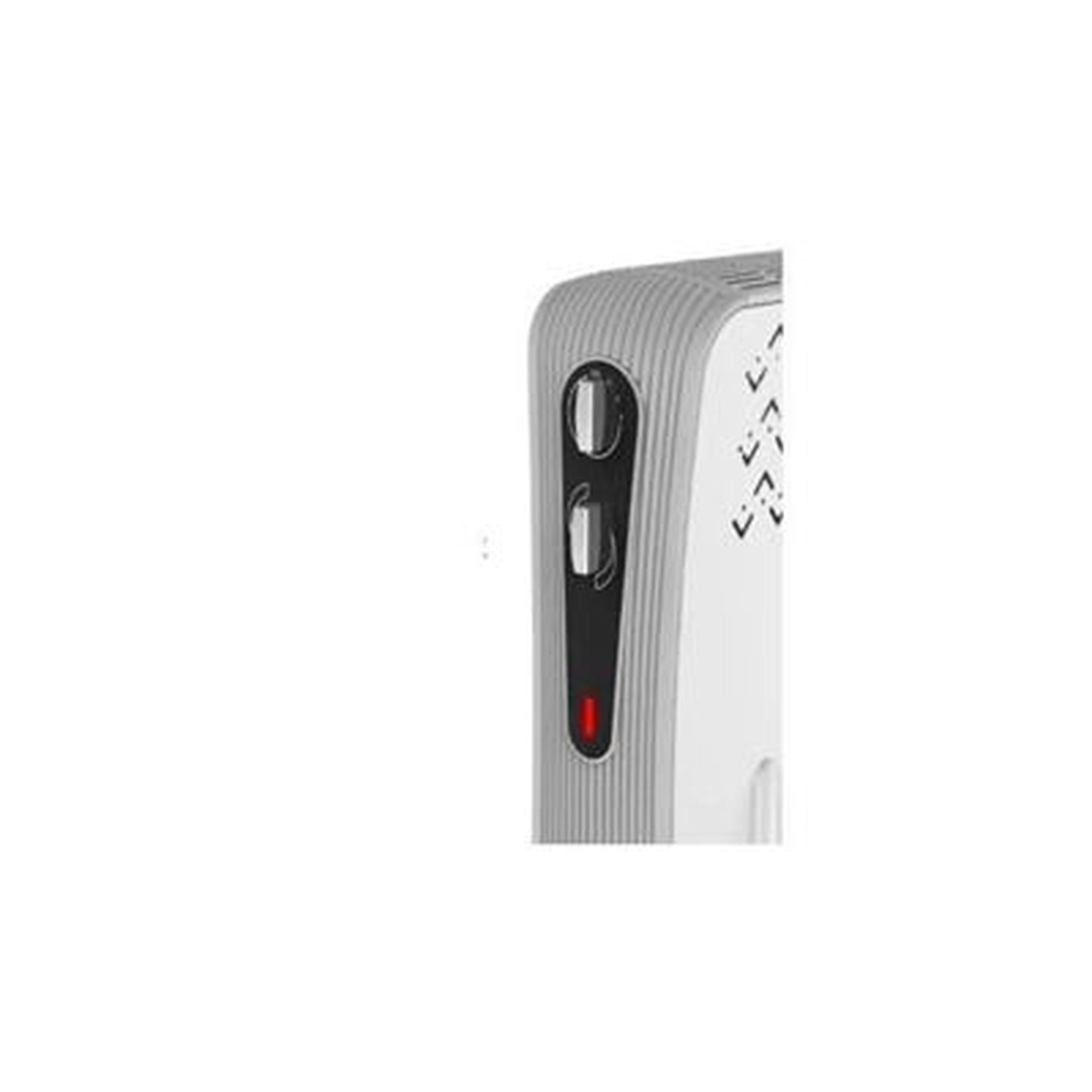 Primer plano del lateral de un dispositivo blanco y gris con botones y una luz roja.