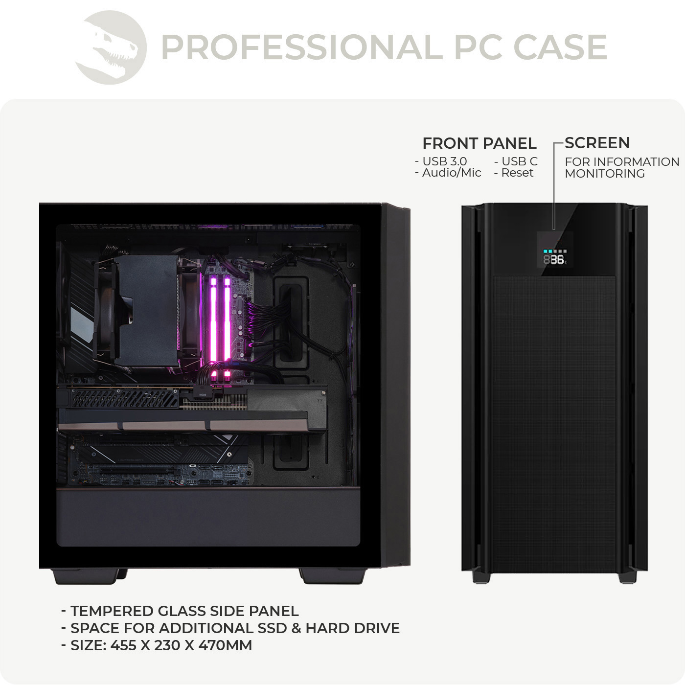 Ein schwarzes PC-Gehäuse, das das Innenleben zeigt. Es hat eine Frontplatte mit USB-Anschlüssen und einem Bildschirm.