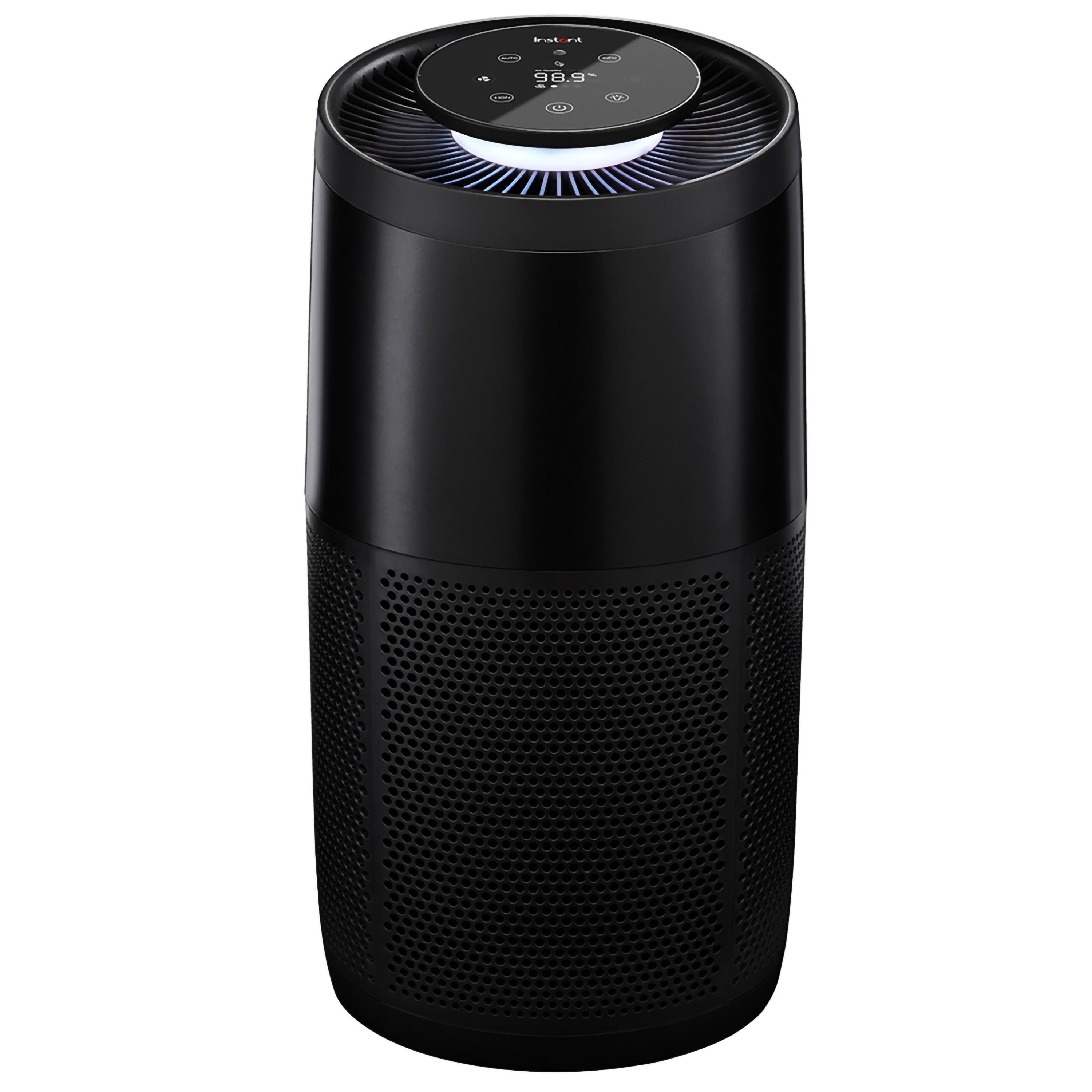 Purificatore d'aria nero con pannello superiore circolare e display digitale. È cilindrico.