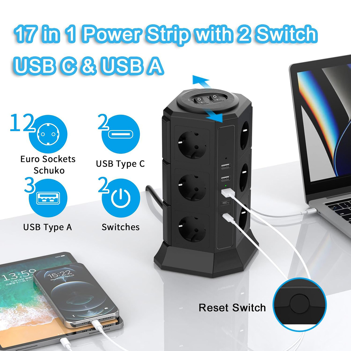 Regleta negra con múltiples enchufes, puertos USB e interruptores, con portátil y teléfono.