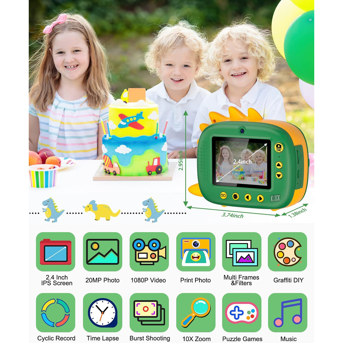 Tres niños con un pastel y una cámara verde. Se muestran iconos de accesorios.