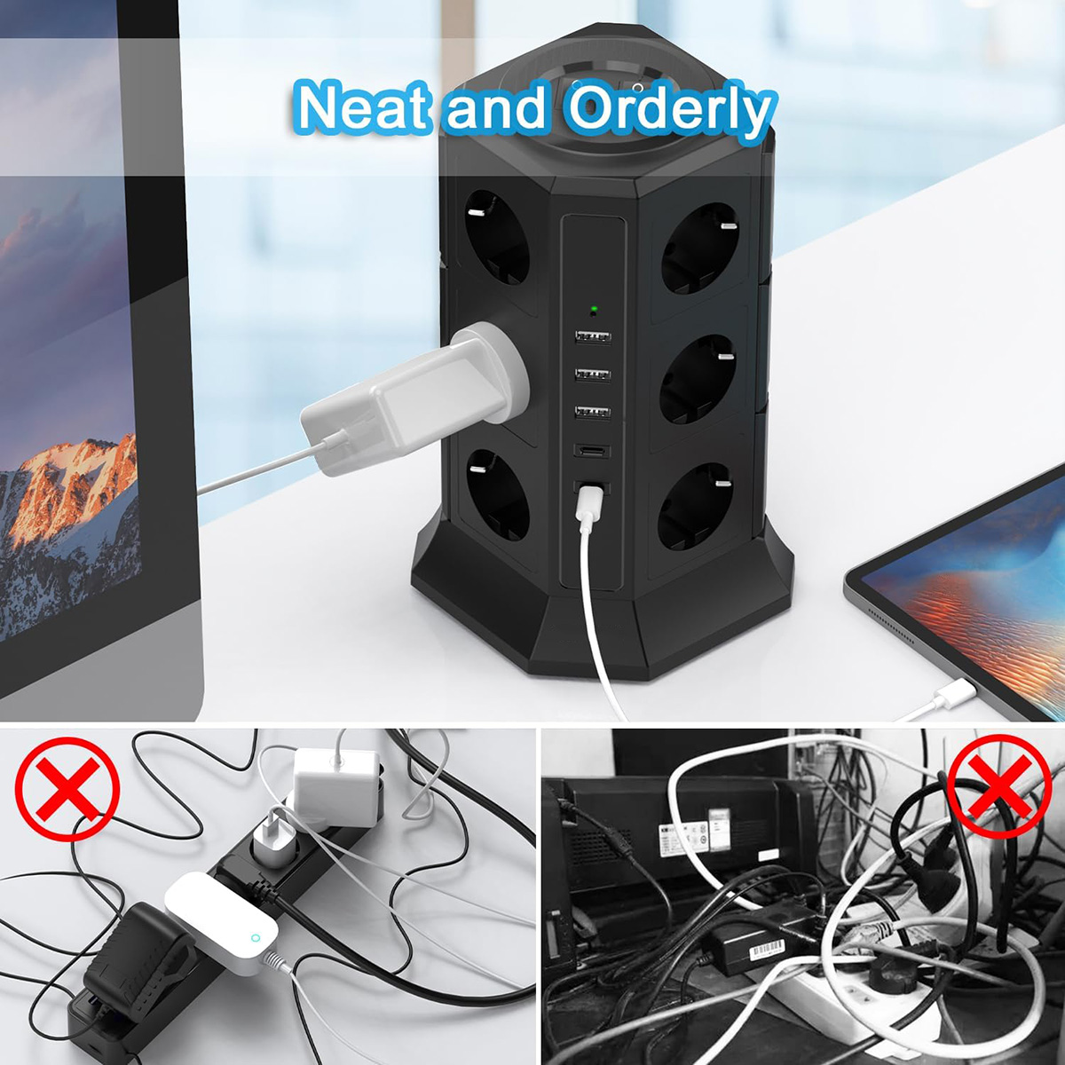 Torre negra con enchufes, cable blanco enchufado, imágenes de comparación.