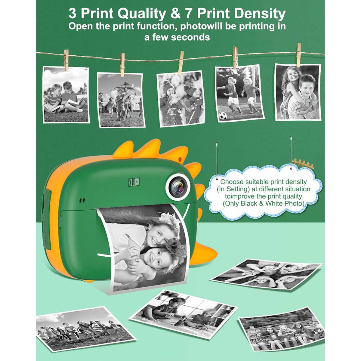 Una impresora verde y naranja imprimiendo fotos. Hay otras fotos.