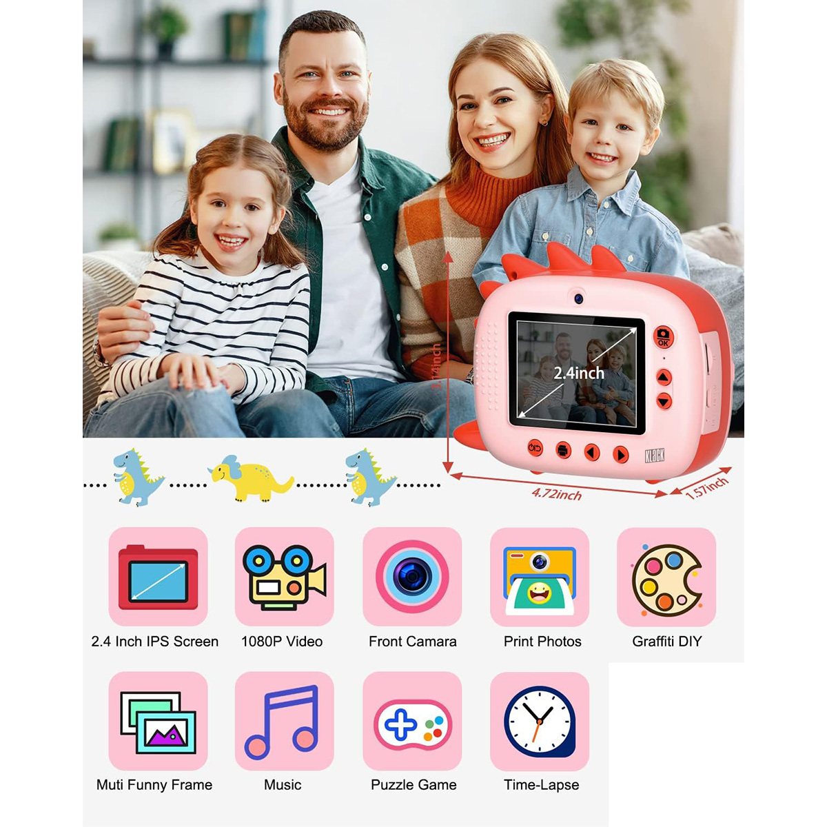 Familia con cámara, pantalla IPS de 2.4 pulgadas, video 1080P y otras características.