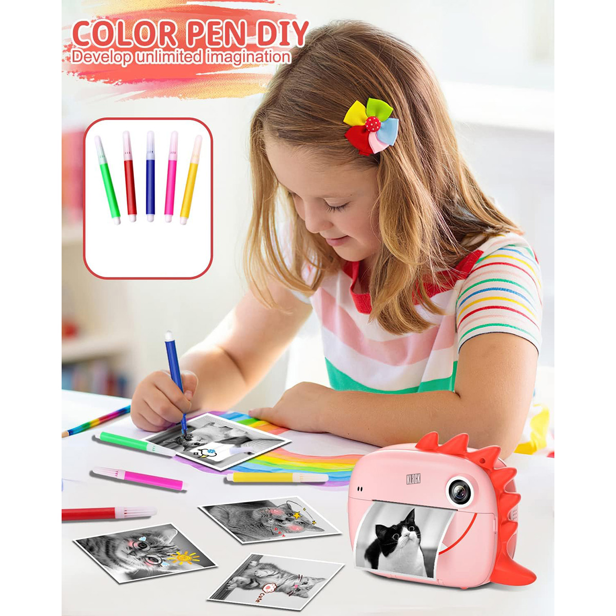 Una niña dibuja con bolígrafos de colores, fotos y una impresora rosa.