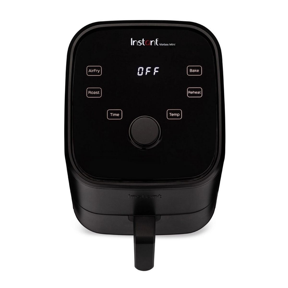 Een zwart bedieningspaneel van de Instant Vortex Mini airfryer met knoppen en display.