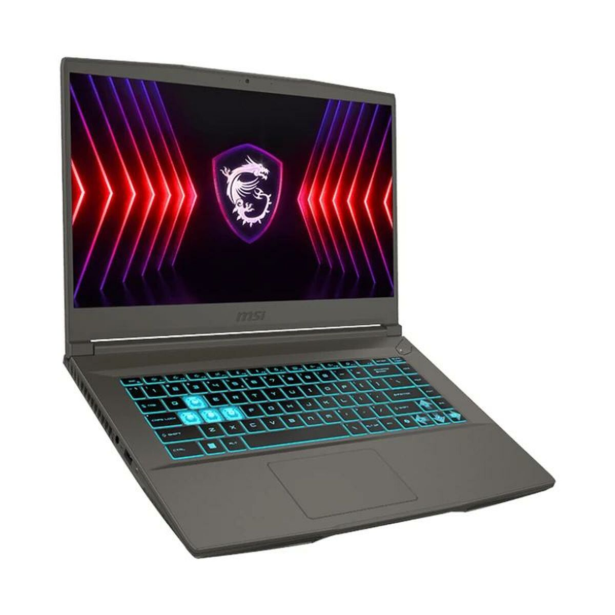 Laptop MSI aperto, con schermo luminoso, tastiera blu e logo MSI.