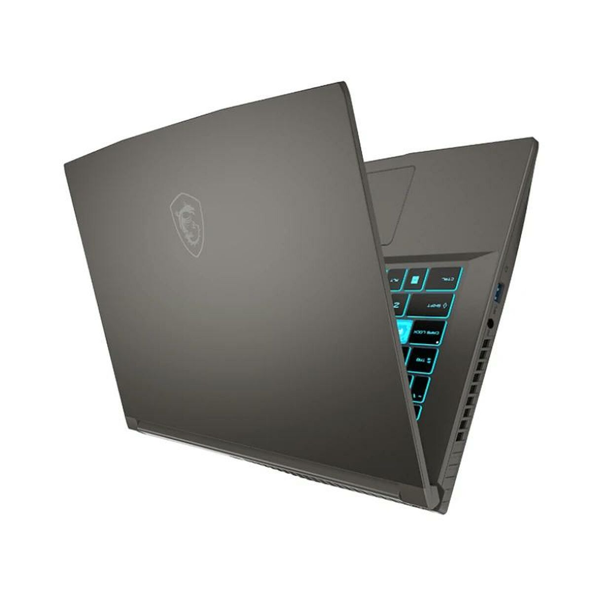 Un laptop grigio con tastiera retroilluminata blu è aperto su sfondo bianco. La parte superiore è visibile.