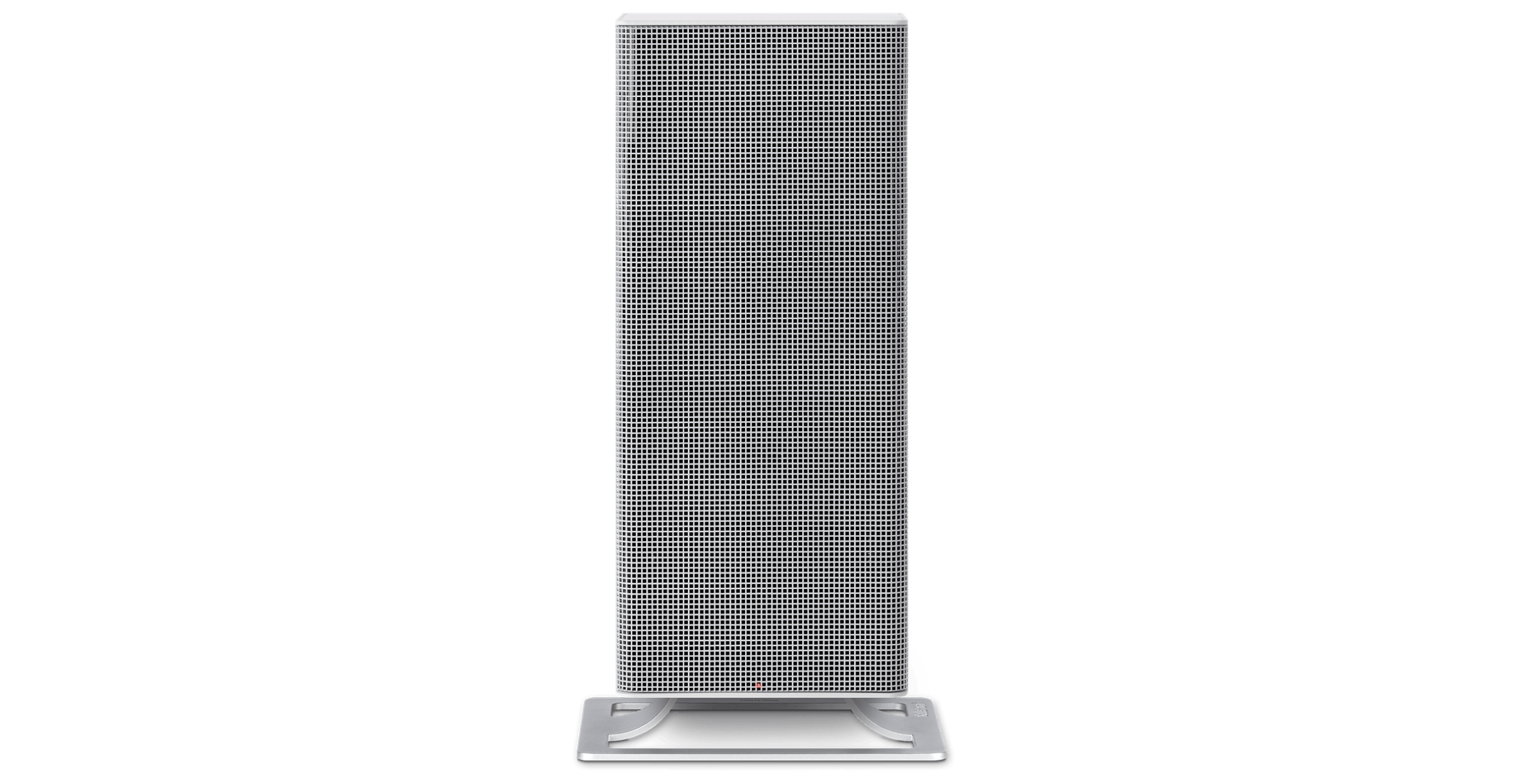 Biały głośnik wieżowy. Pionowa konstrukcja. Perforowany przód. Podstawa na dole. Białe tło.