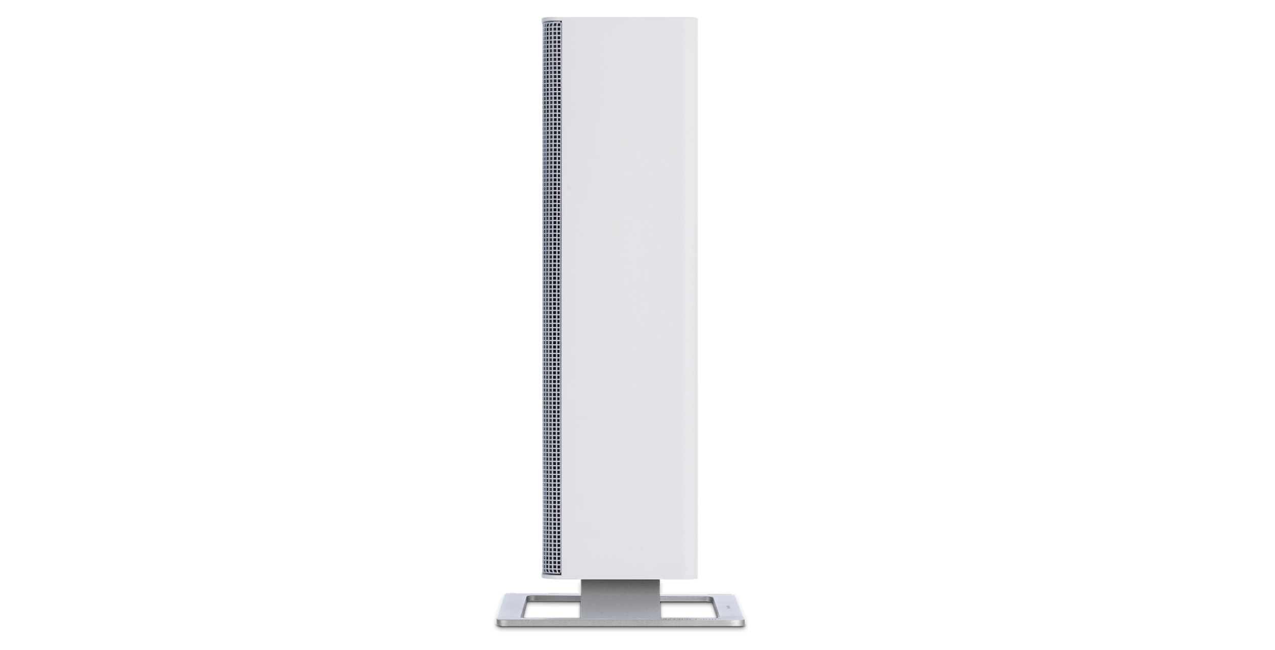 Biały, wysoki oczyszczacz powietrza z perforowaną stroną i srebrną podstawą.