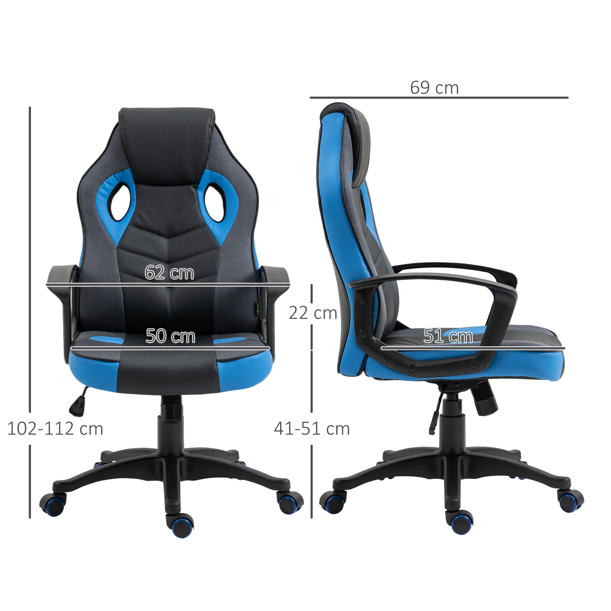 Sedia da gaming con dimensioni etichettate.