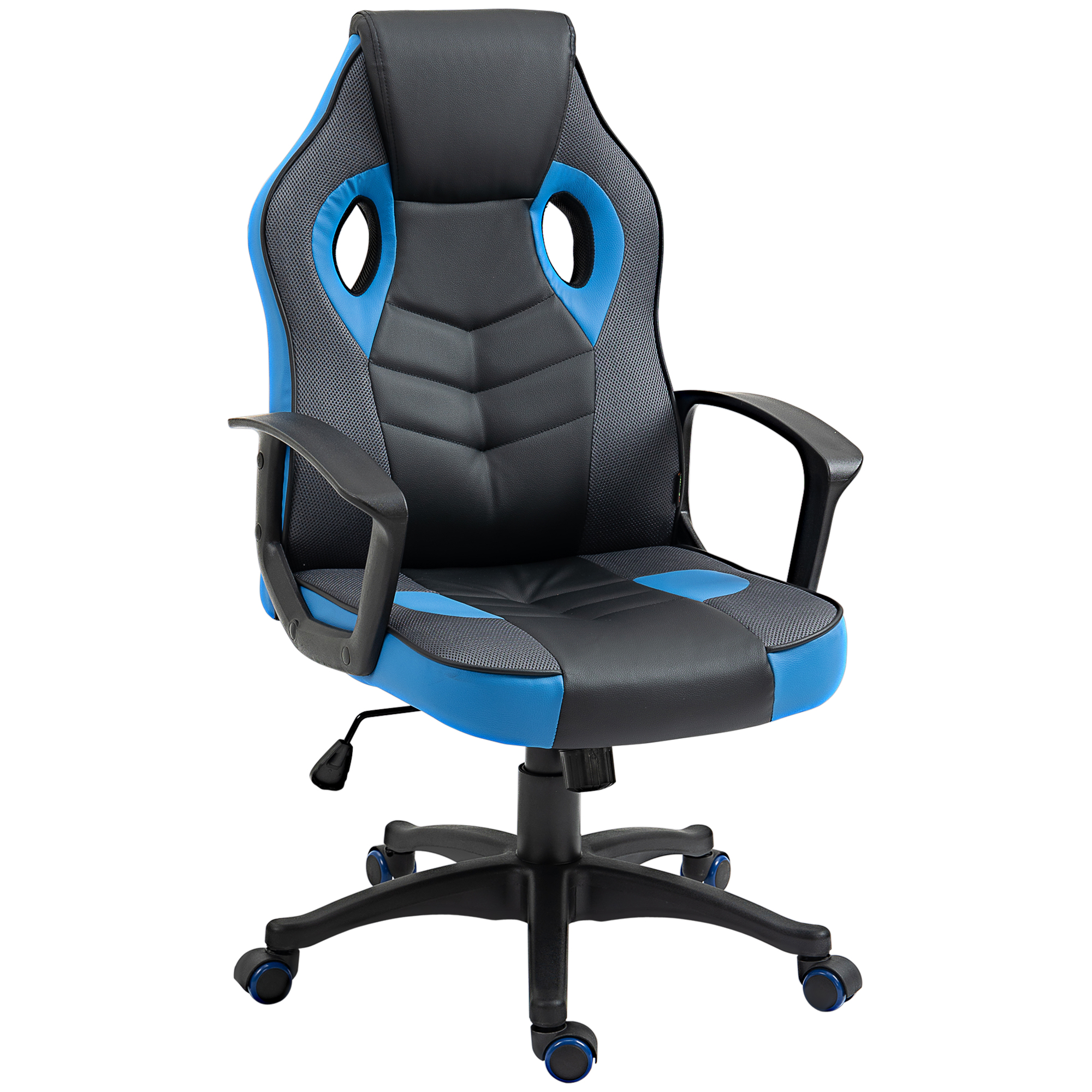 Sedia gaming, nera con dettagli blu, braccioli neri, su sfondo bianco.