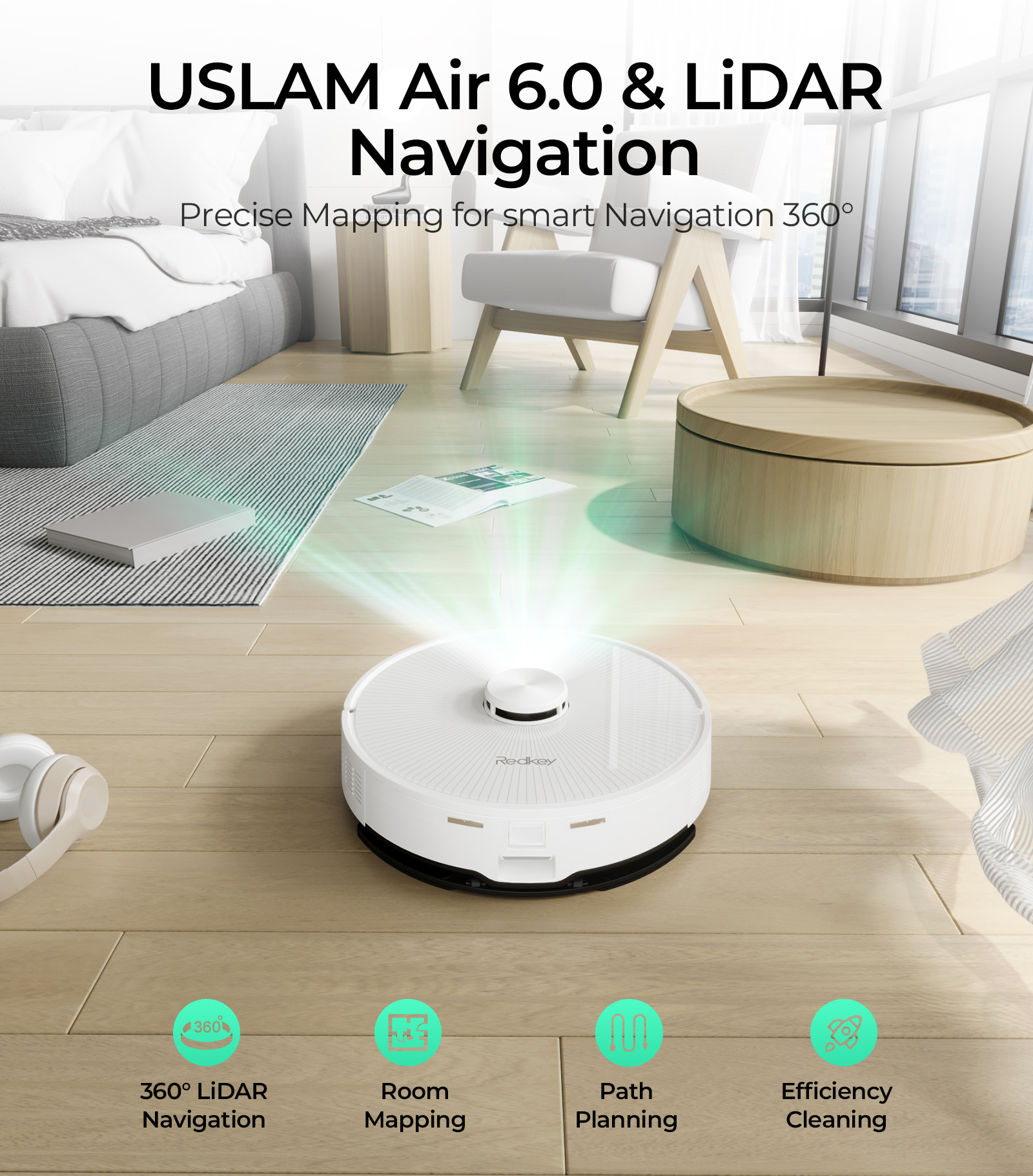 Weißer Roboterstaubsauger mit LIDAR-Navigation, in einem Raum mit Möbeln.