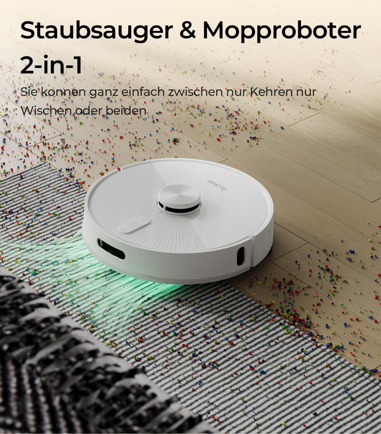 Ein weißer Roboter-Staubsauger auf einem Hartholzboden, mit bunten Trümmern um ihn herum.