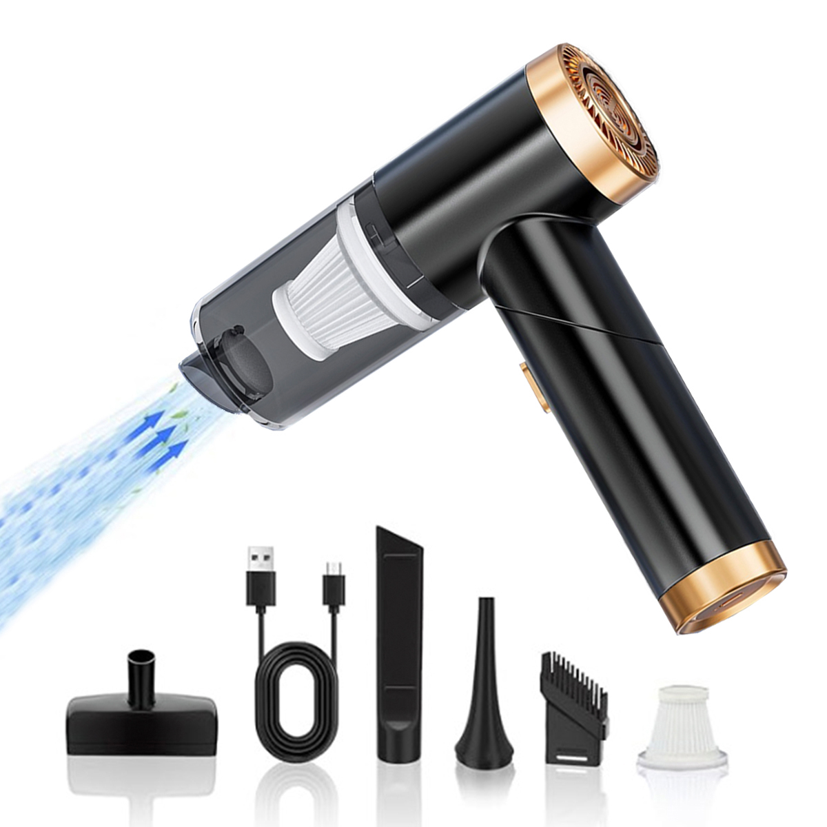 Czarny i złoty odkurzacz ręczny z akcesoriami. Wylatuje niebieski strumień powietrza.