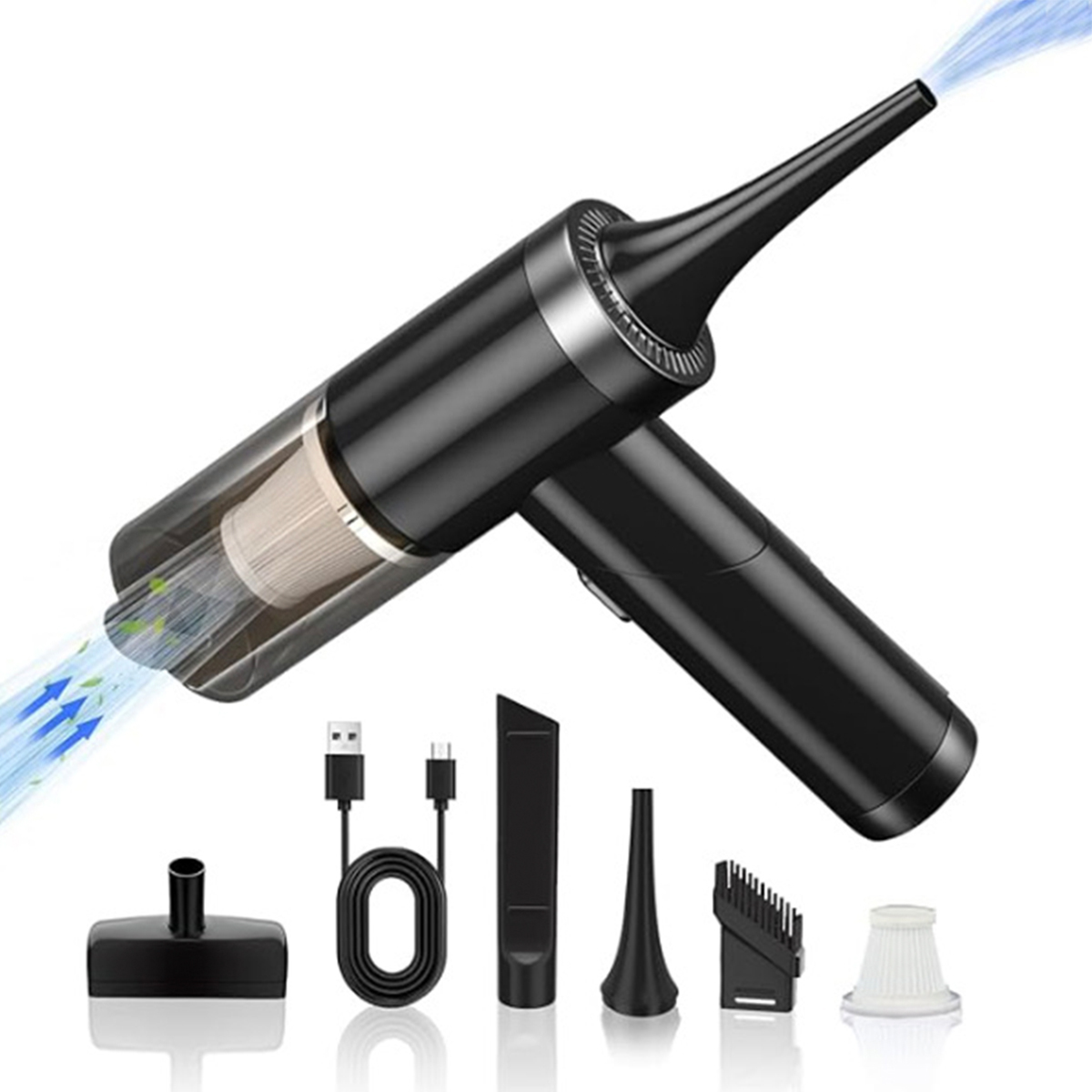 Czarny odkurzacz ręczny z różnymi nasadkami. Wskazuje w lewo.