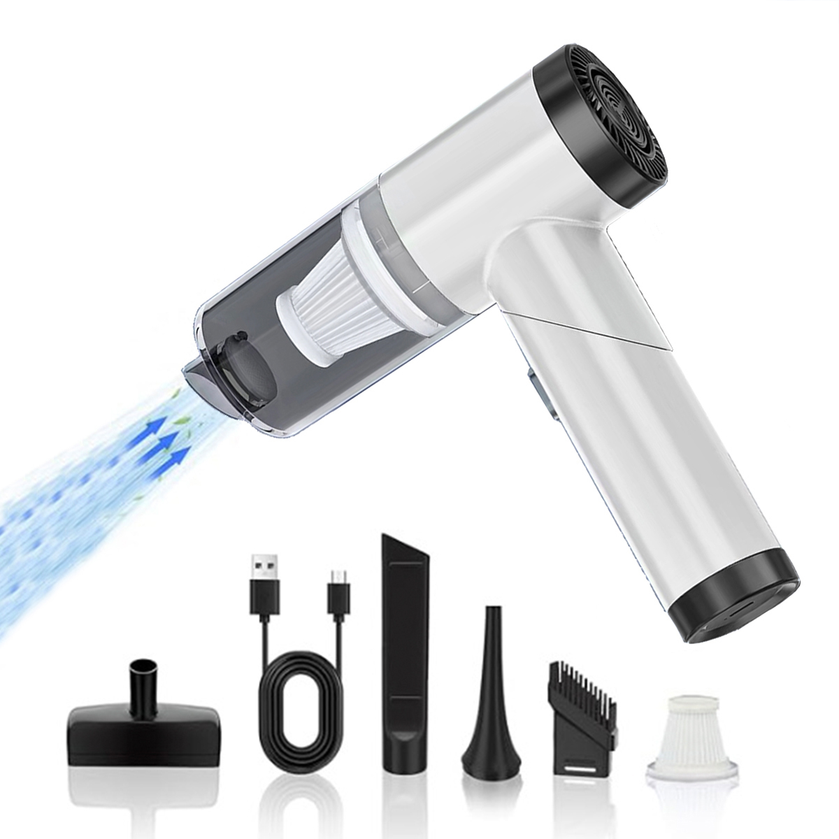 Biały i srebrny odkurzacz ręczny z nasadkami, pokazujący przepływ powietrza i akcesoria.
