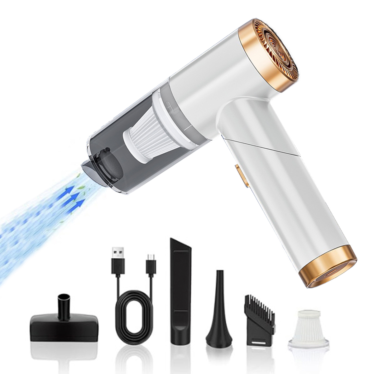 Biały i złoty odkurzacz ręczny z kilkoma nasadkami i kablem ładującym.