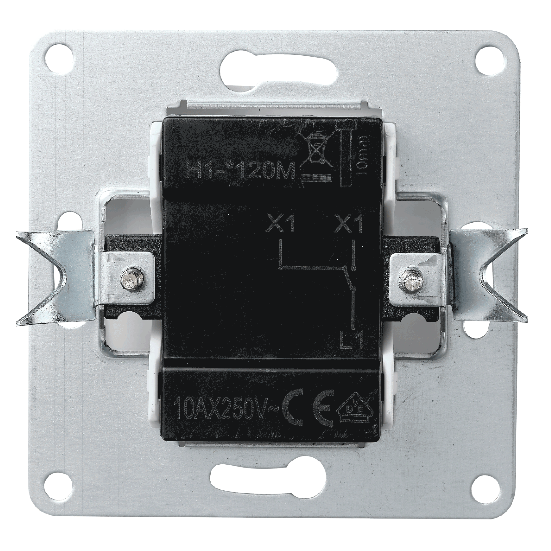 Ein quadratischer elektrischer Schalter mit Anschlüssen und Markierungen auf einer Metallplatte.