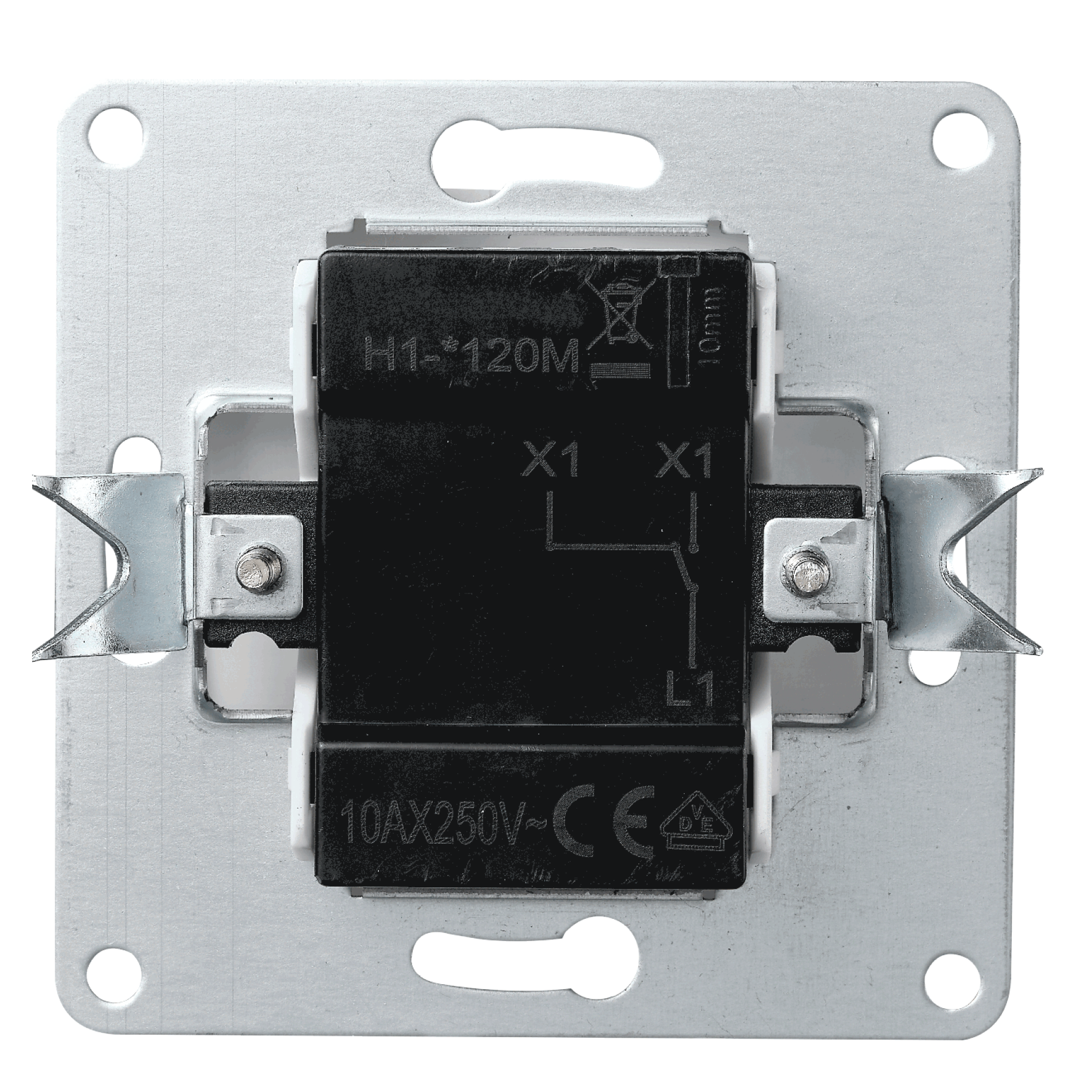 Eine elektrische Metallkomponente mit Schraubklemmen und Markierungen.