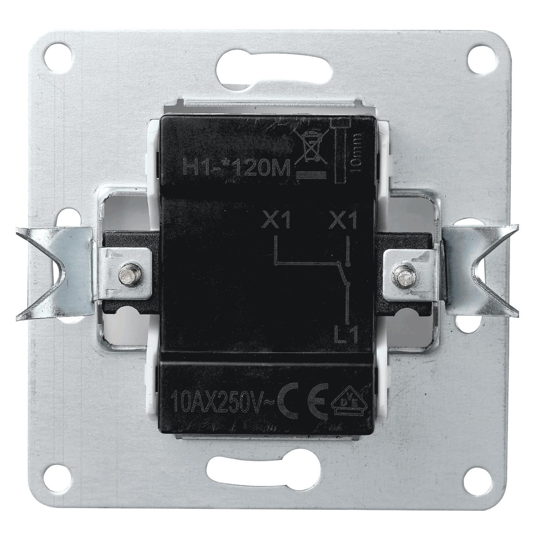Ein schwarzer elektrischer Schalter mit Metallrahmen. Der Schalter ist eine Nahaufnahme.