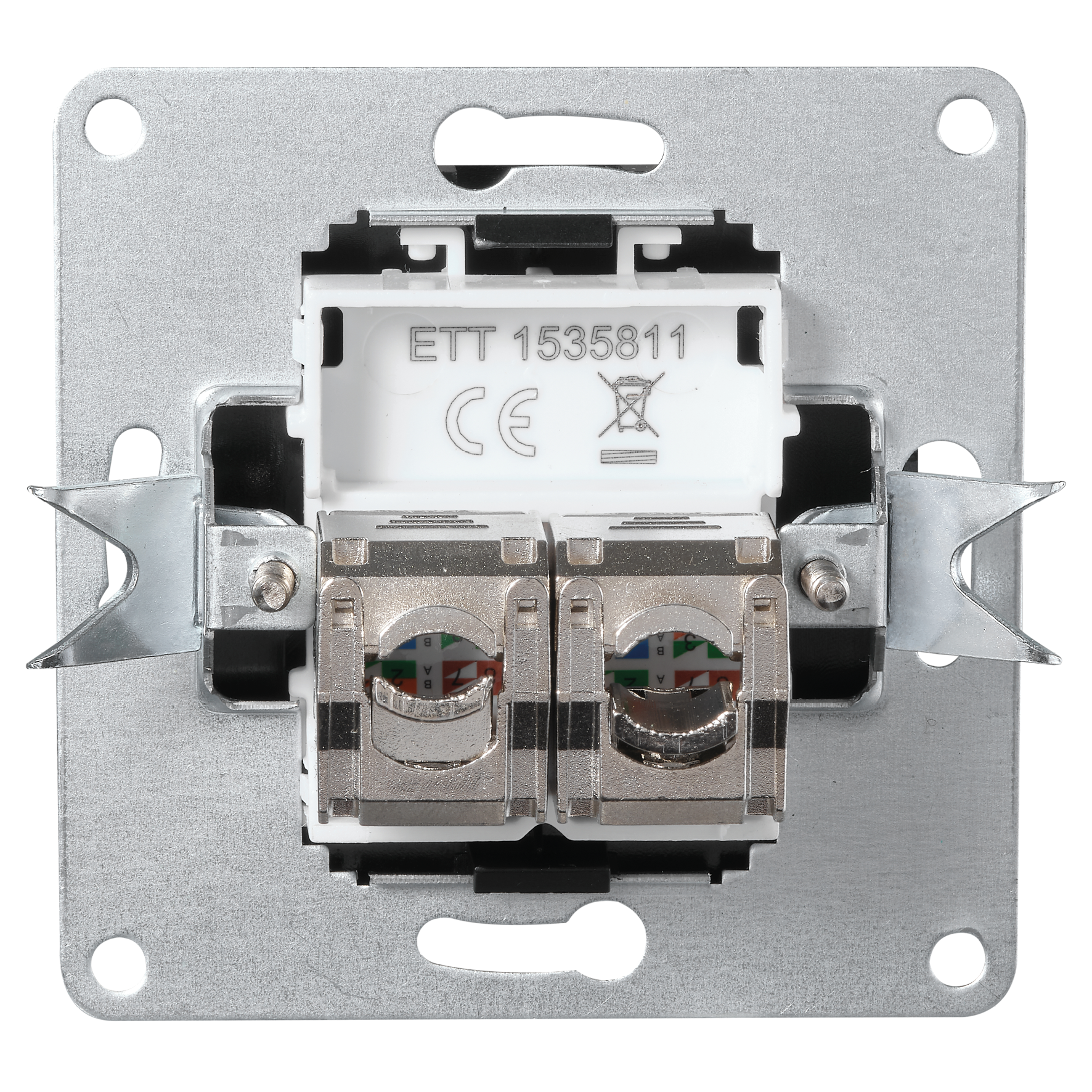 Eine elektrische Metallsteckdose mit zwei Anschlüssen und einem weißen Innenteil.