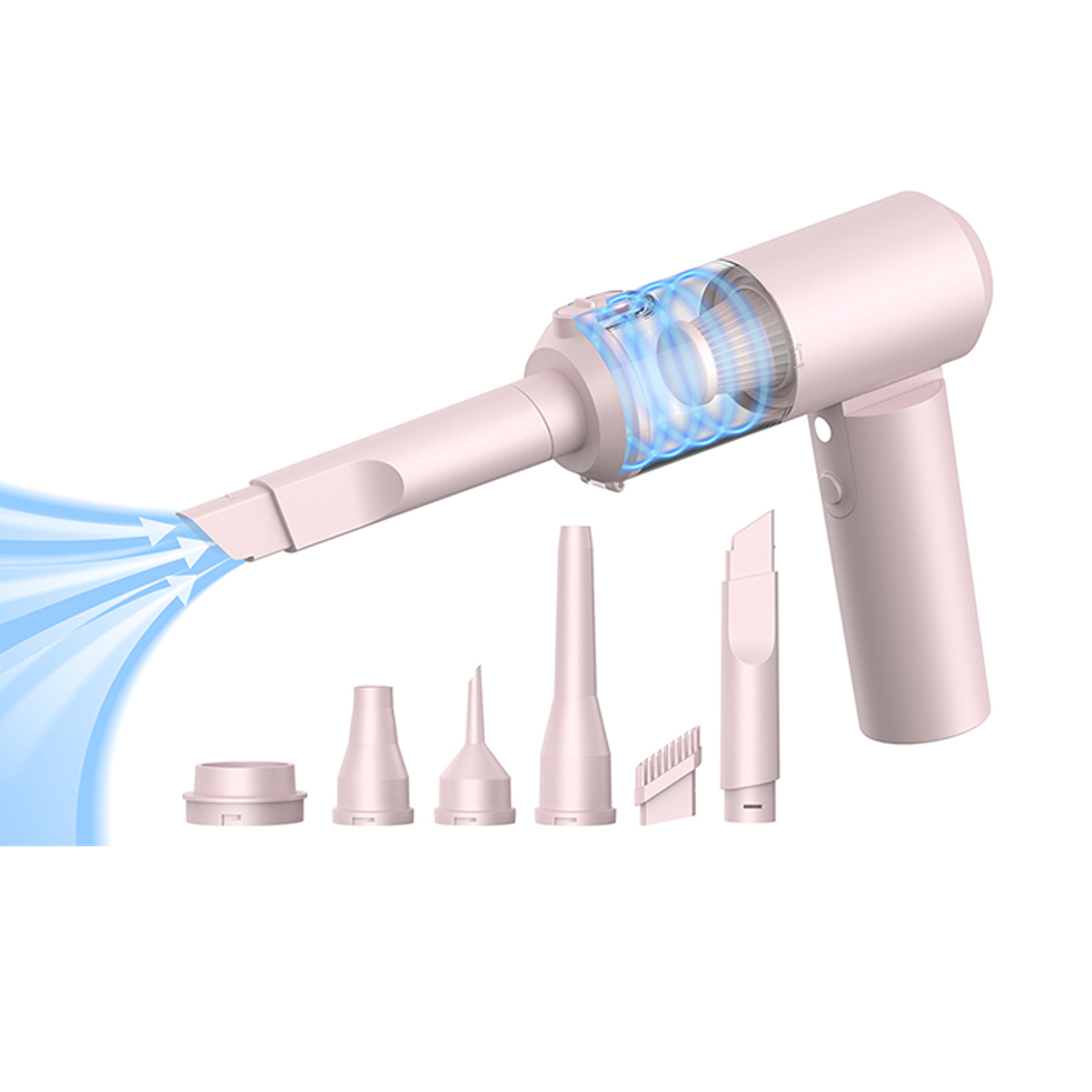 Biało-różowy odkurzacz ręczny z nasadkami, powietrze wydmuchiwane.