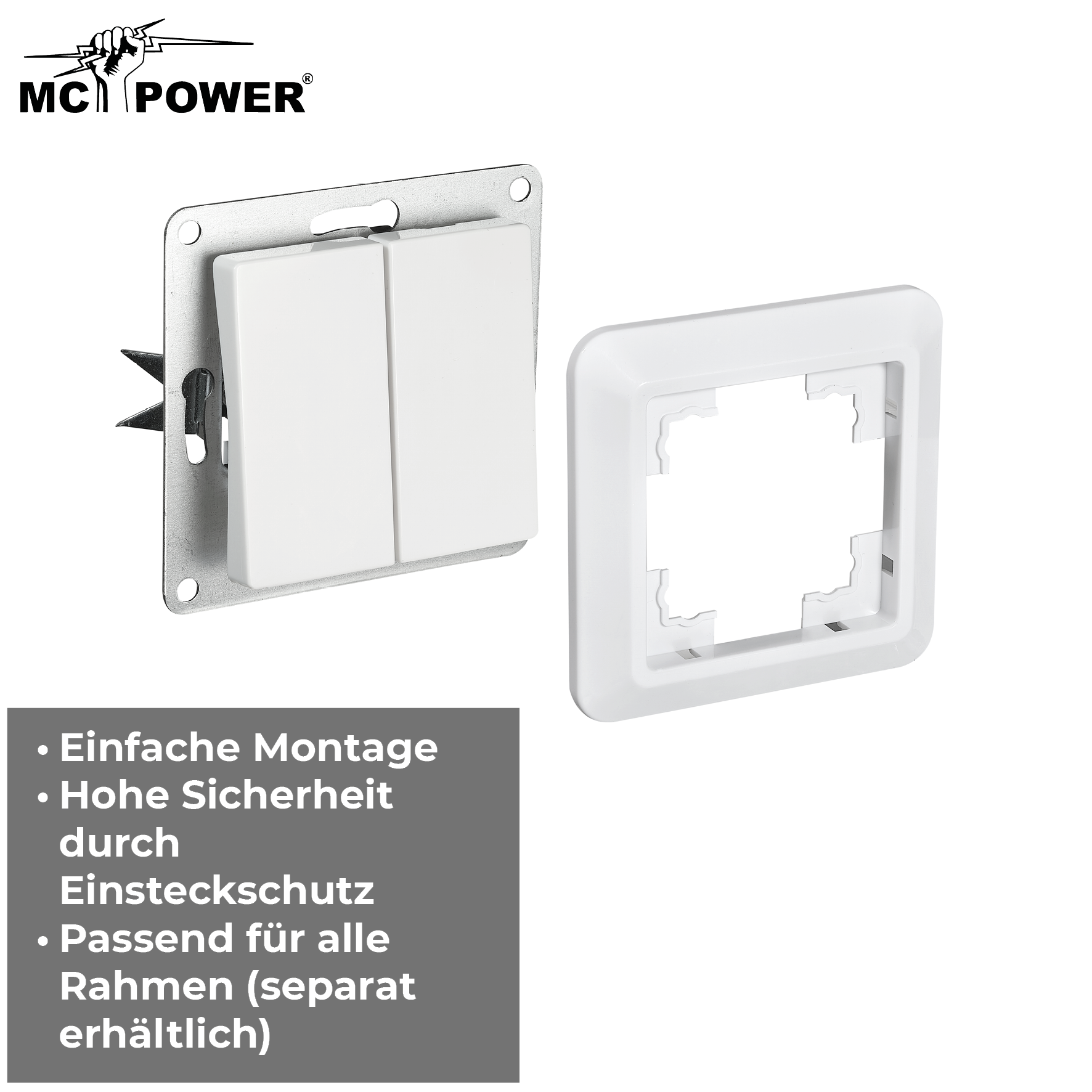 Weißes Lichtschalter-Set. Zwei Schalter, Metallrahmen. Weißer Rahmen. Schwarzer Hintergrund mit Text.