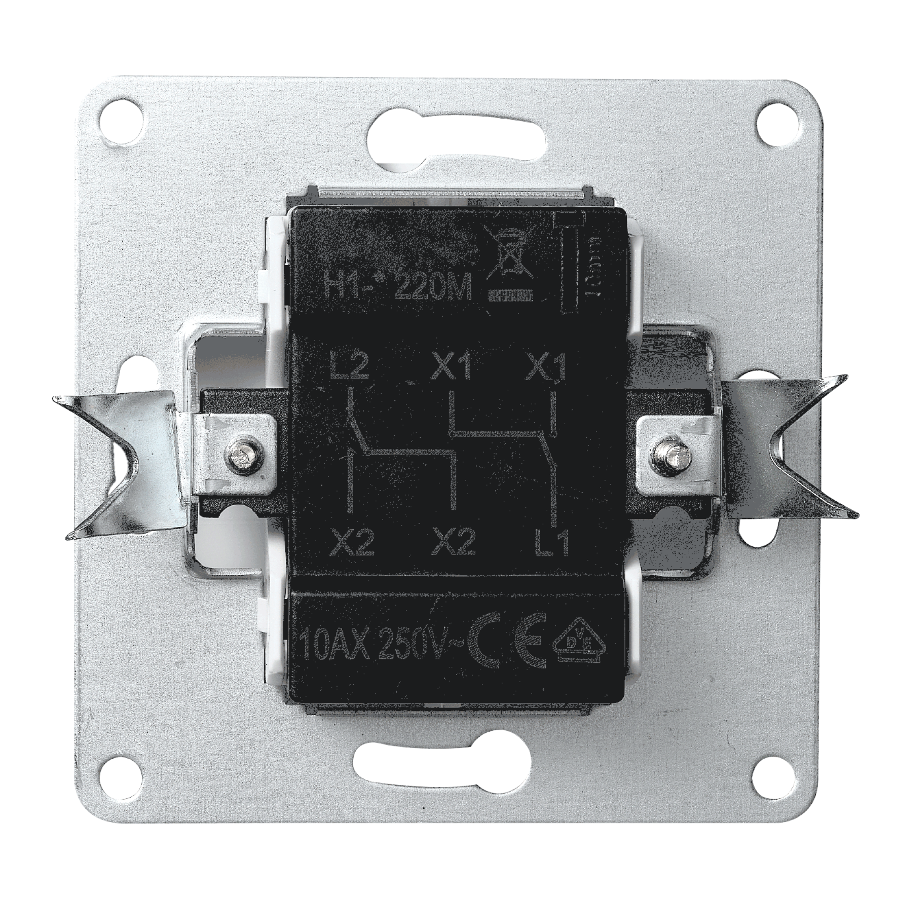 Elektrischer Schalter mit einer Metallmontageplatte. Schwarzer Schalter mit Anschlussbezeichnungen und Schrauben.