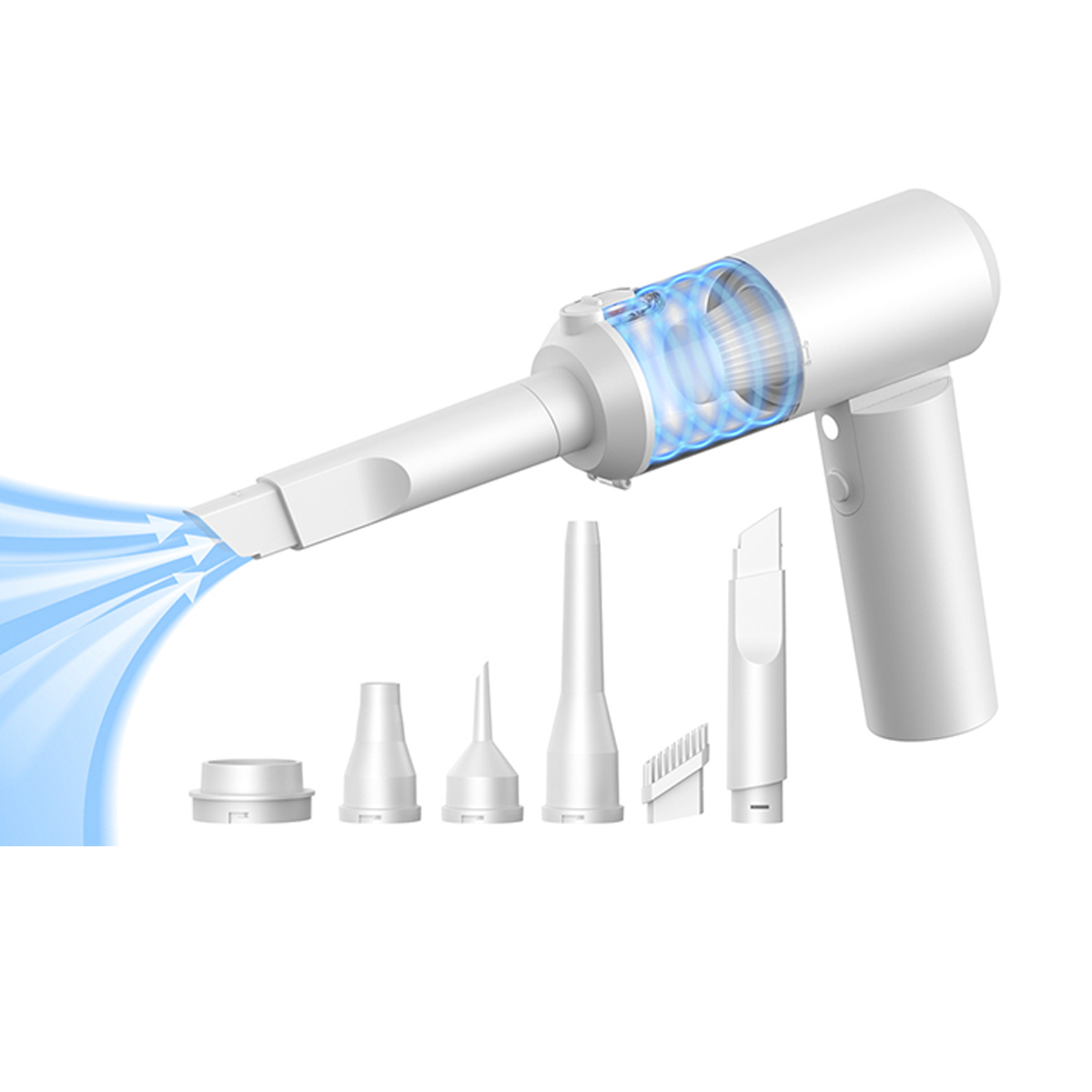 Biały odkurzacz ręczny z nasadkami na białym tle, wydmuchujący powietrze.