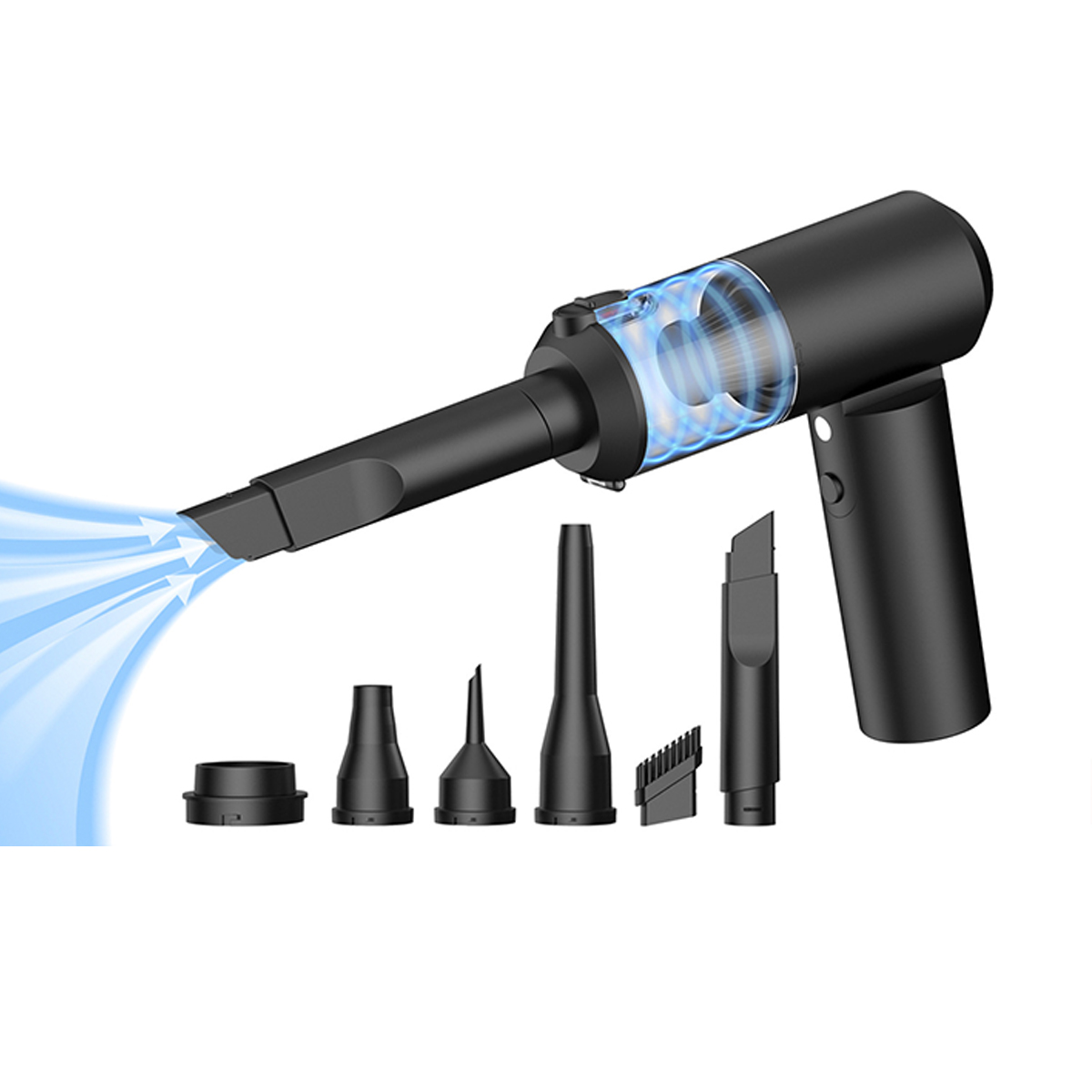 Czarny odkurzacz ręczny z nasadkami. Pokazuje niebieski przepływ powietrza. Widoczne różne dysze.